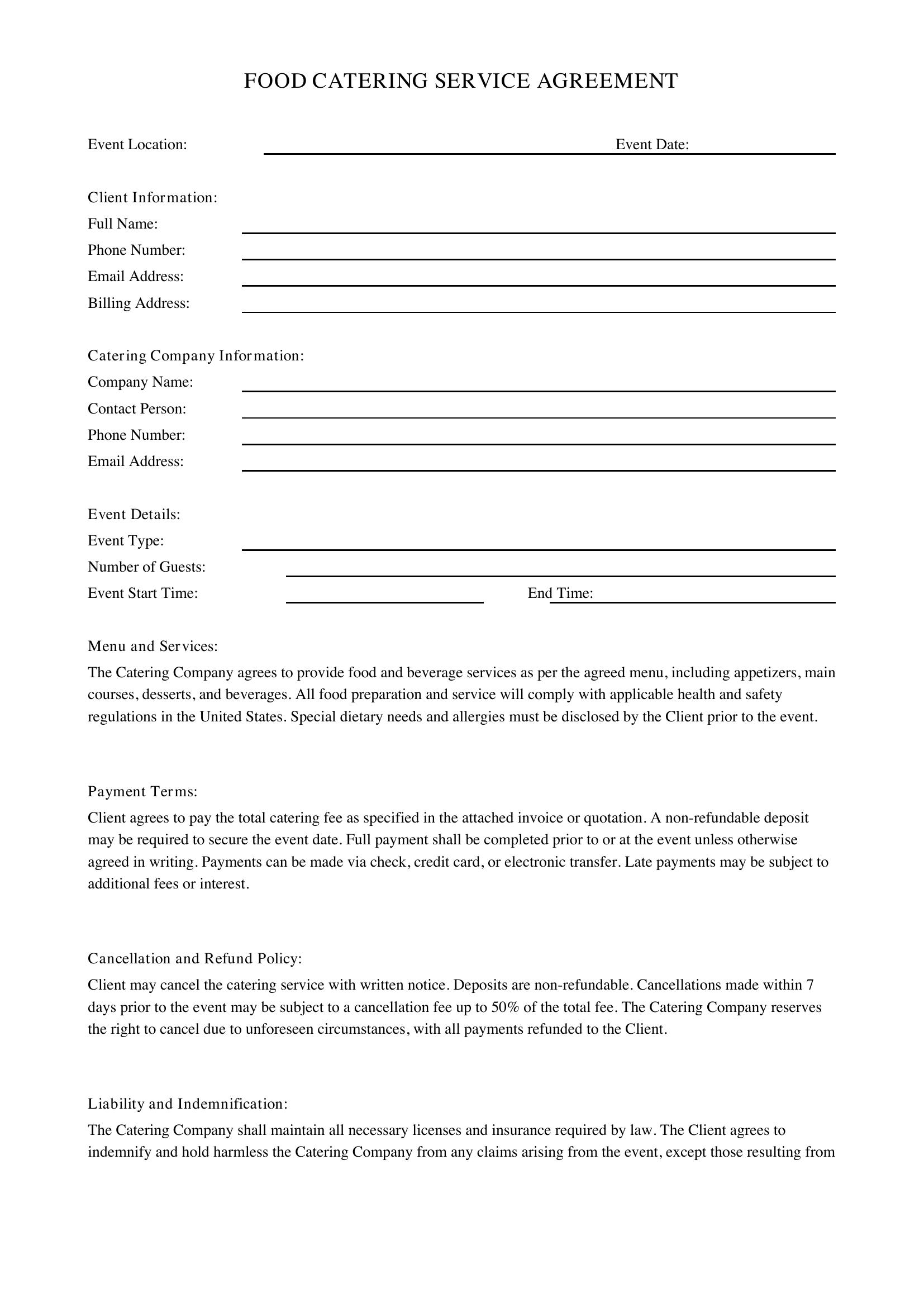 Food Catering Form Template - US