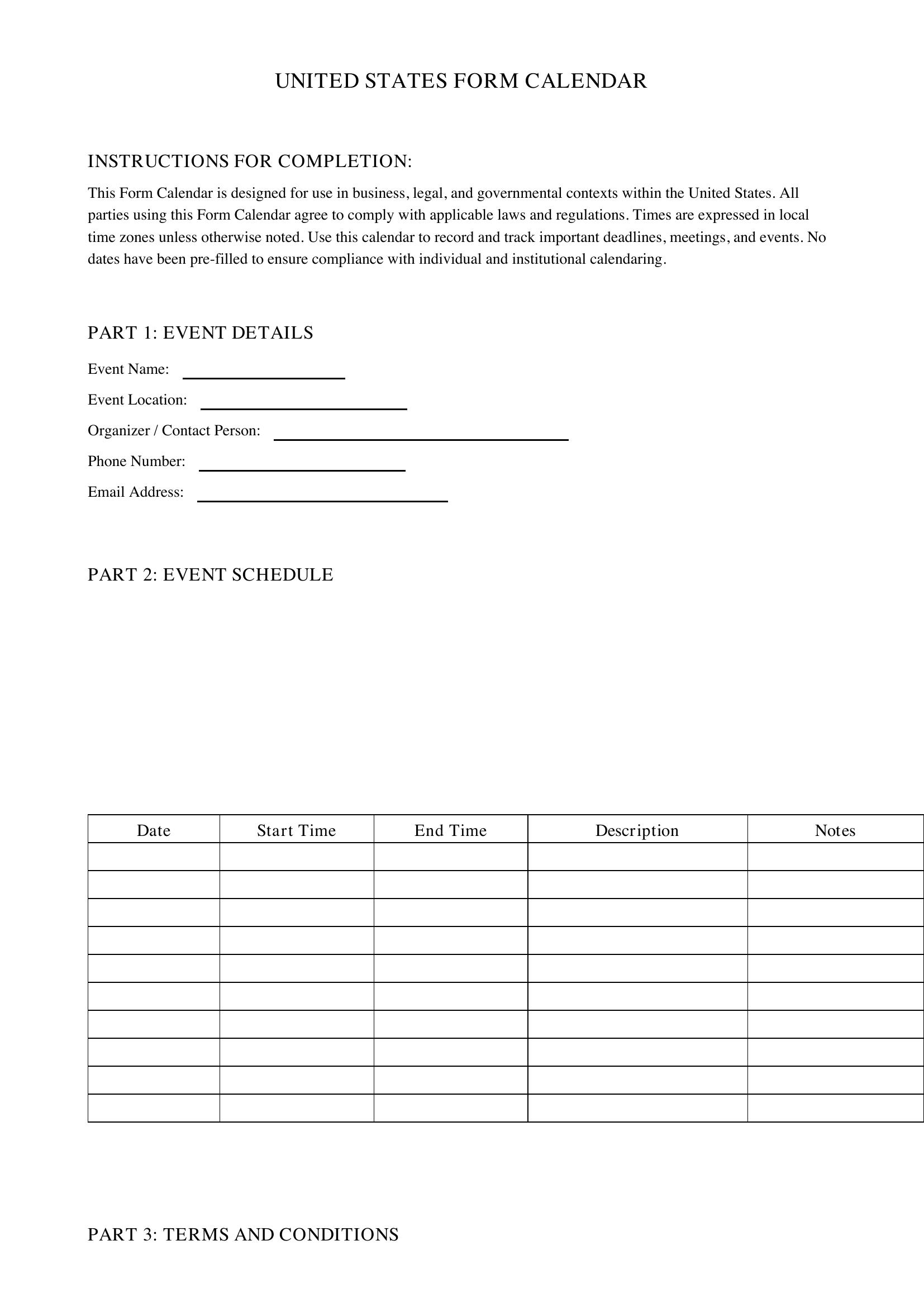 Form Calendar Template - US