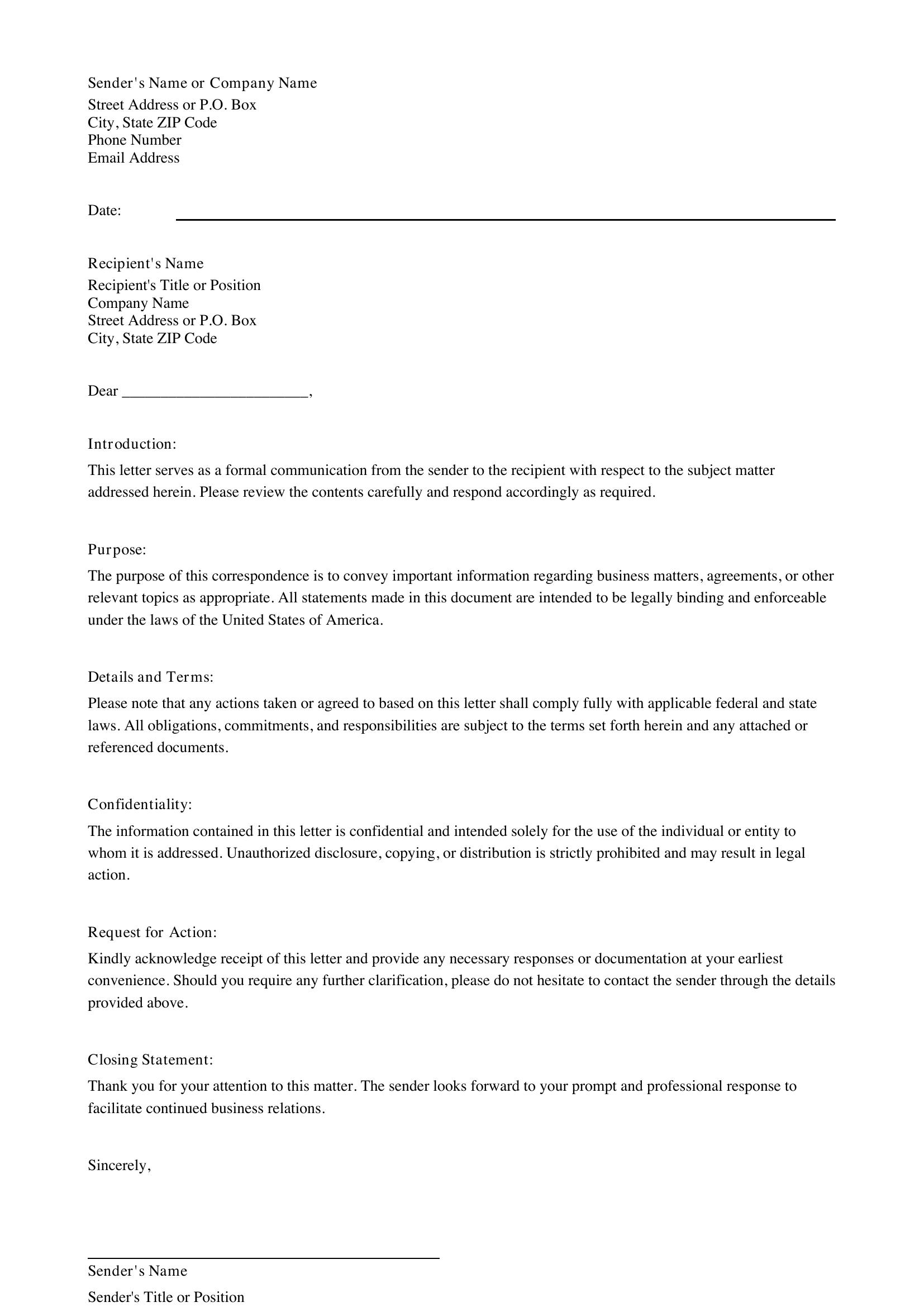 Formal Business Letter Format Template - US