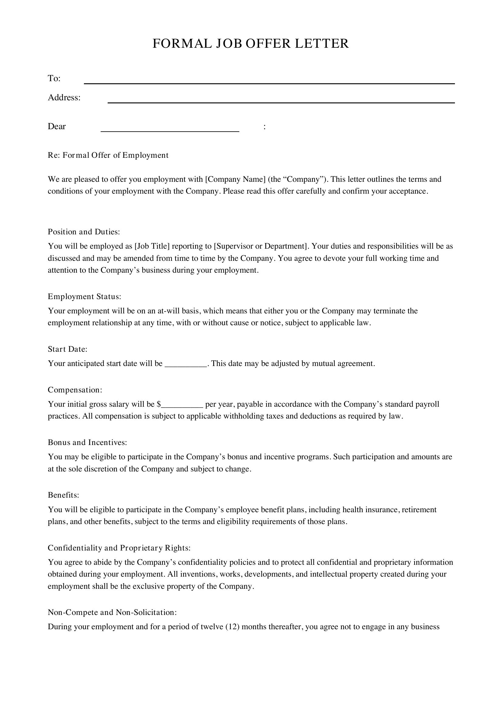 Formal Job Offer Letter Template - US