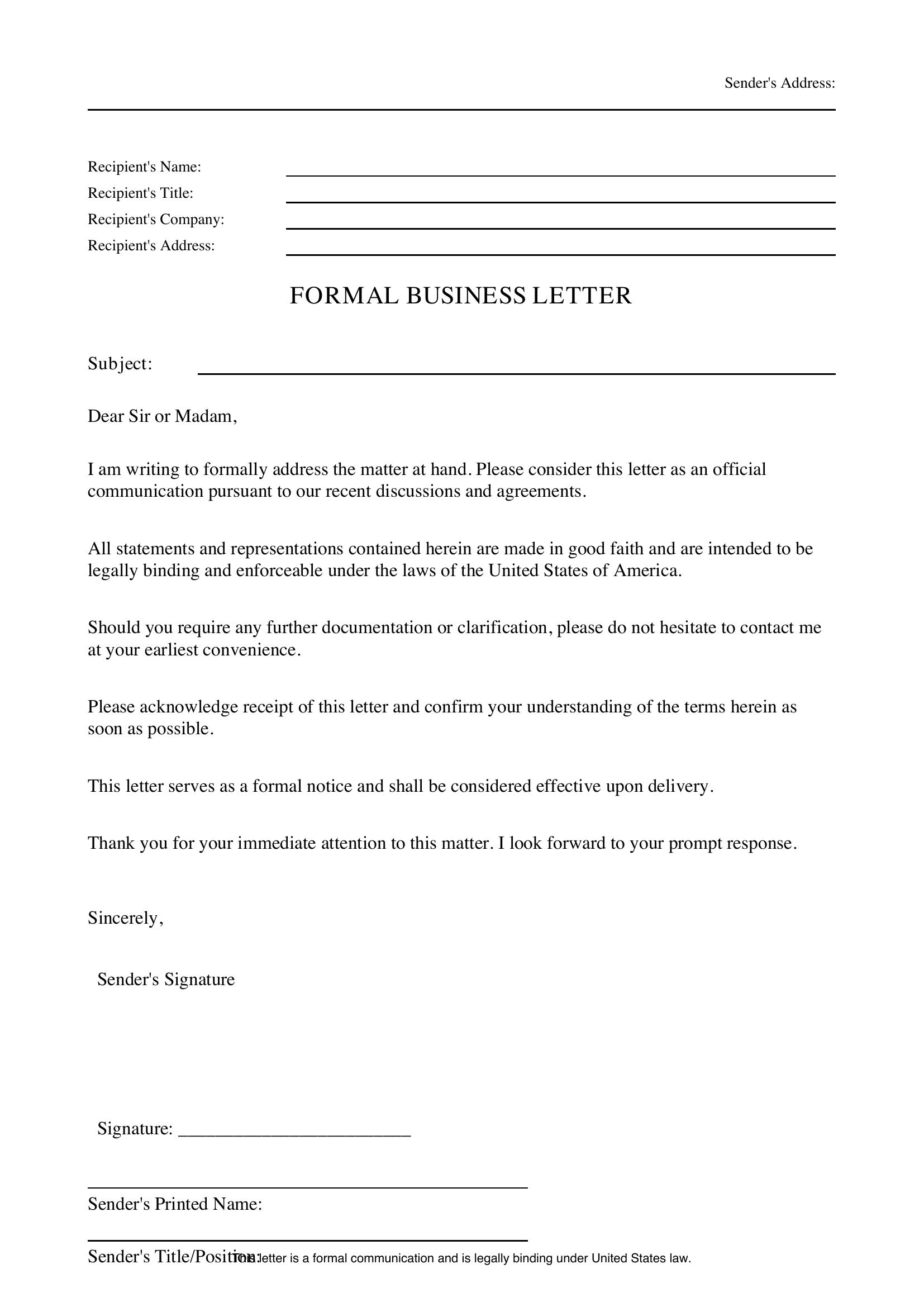 Formal Letter Format Template - US