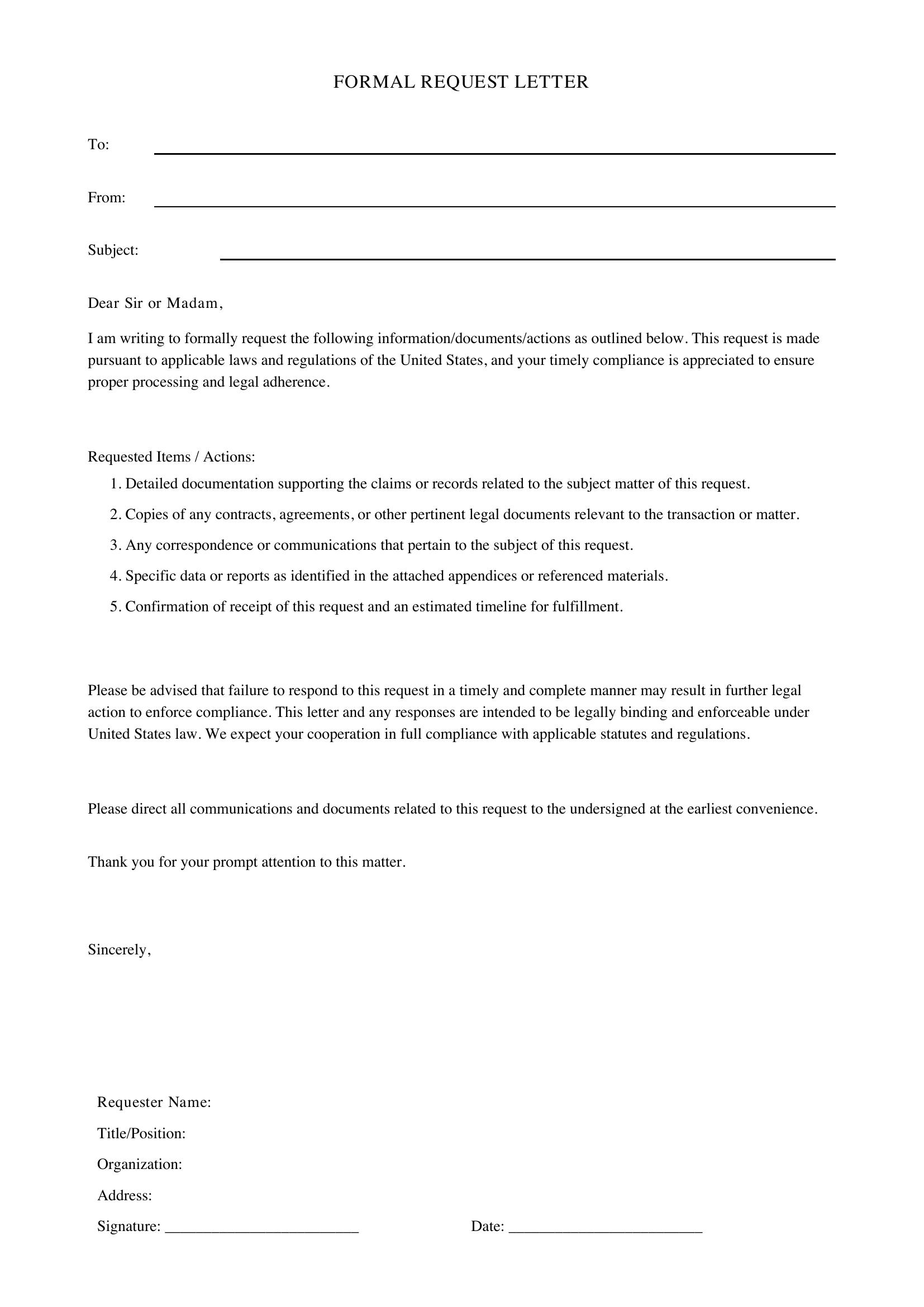 Formal Request Letter Template - US