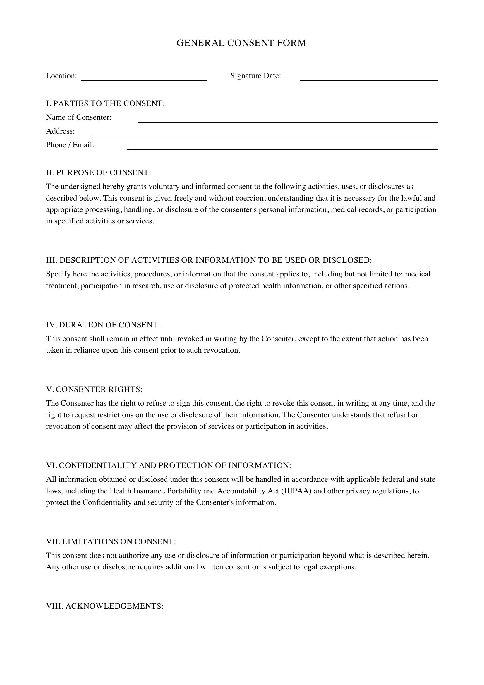 General Consent Form Template - US
