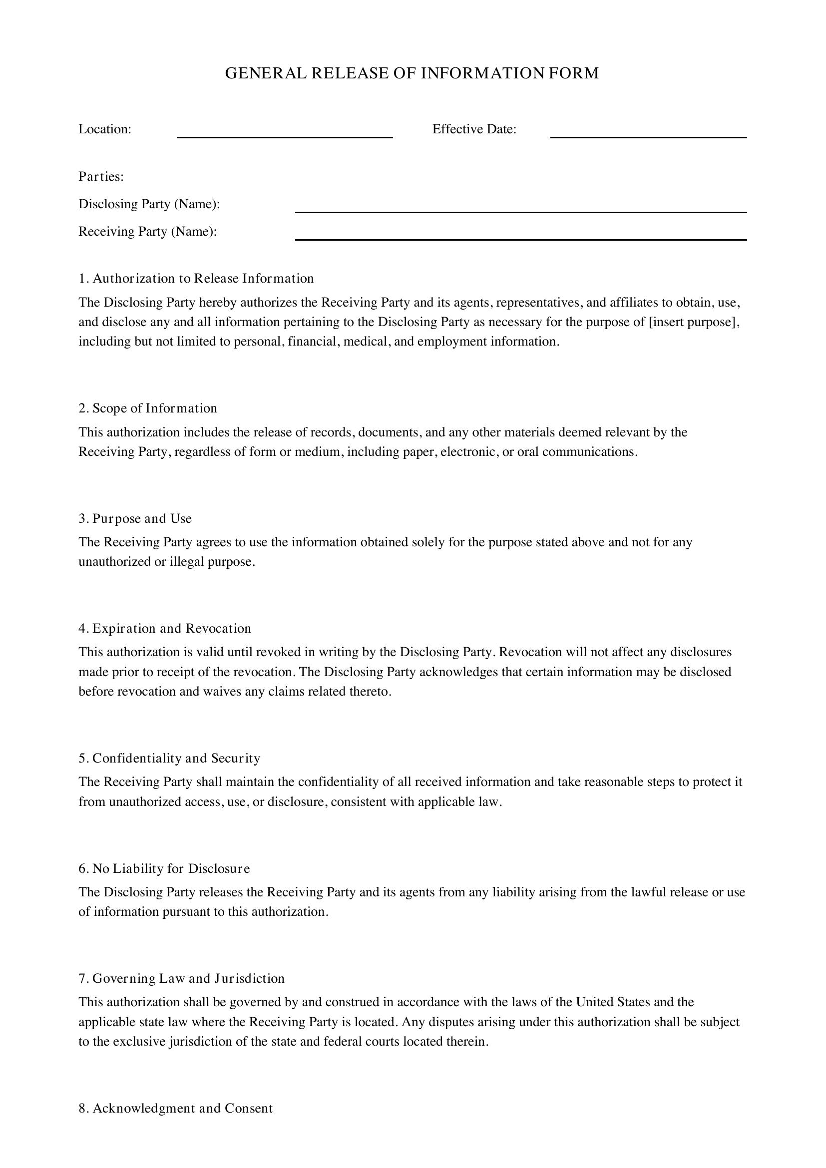General Release Of Information Form Template - US