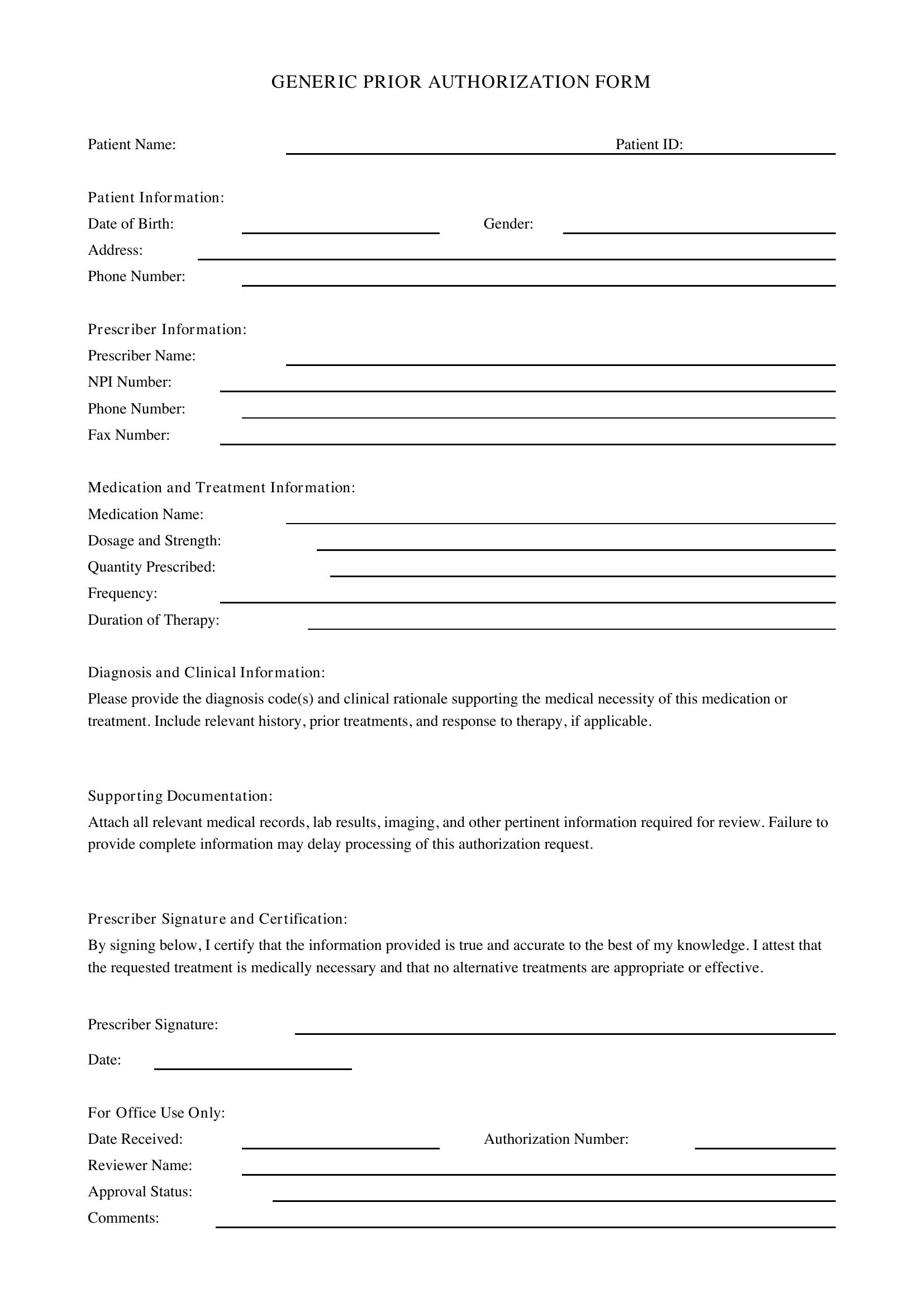 Generic Prior Authorization Form Template - US