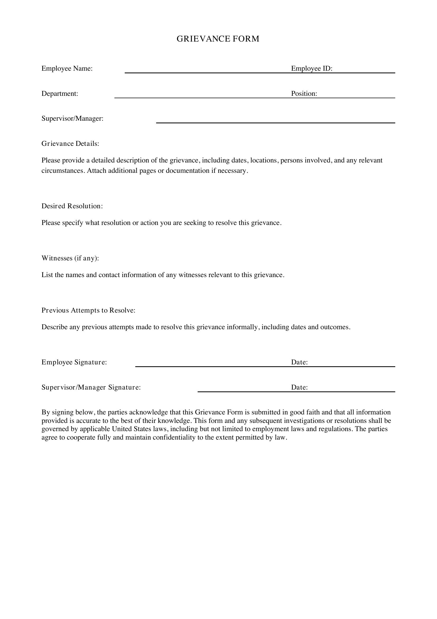 Grievance Form Template - US
