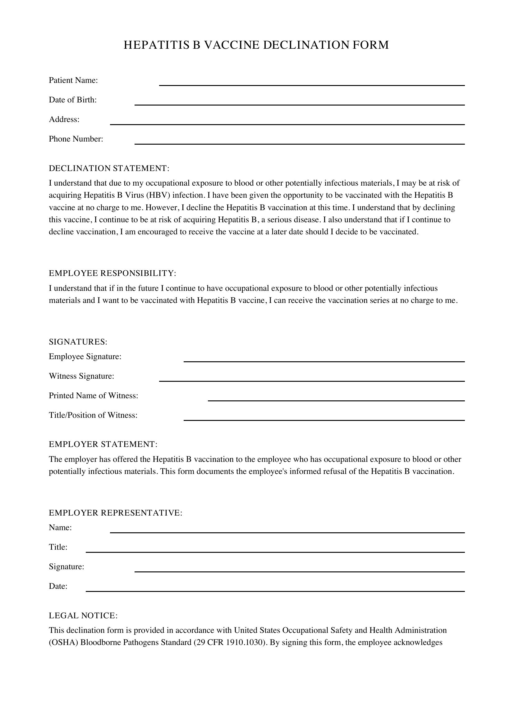 Hepatitis B Declination Form Template - US