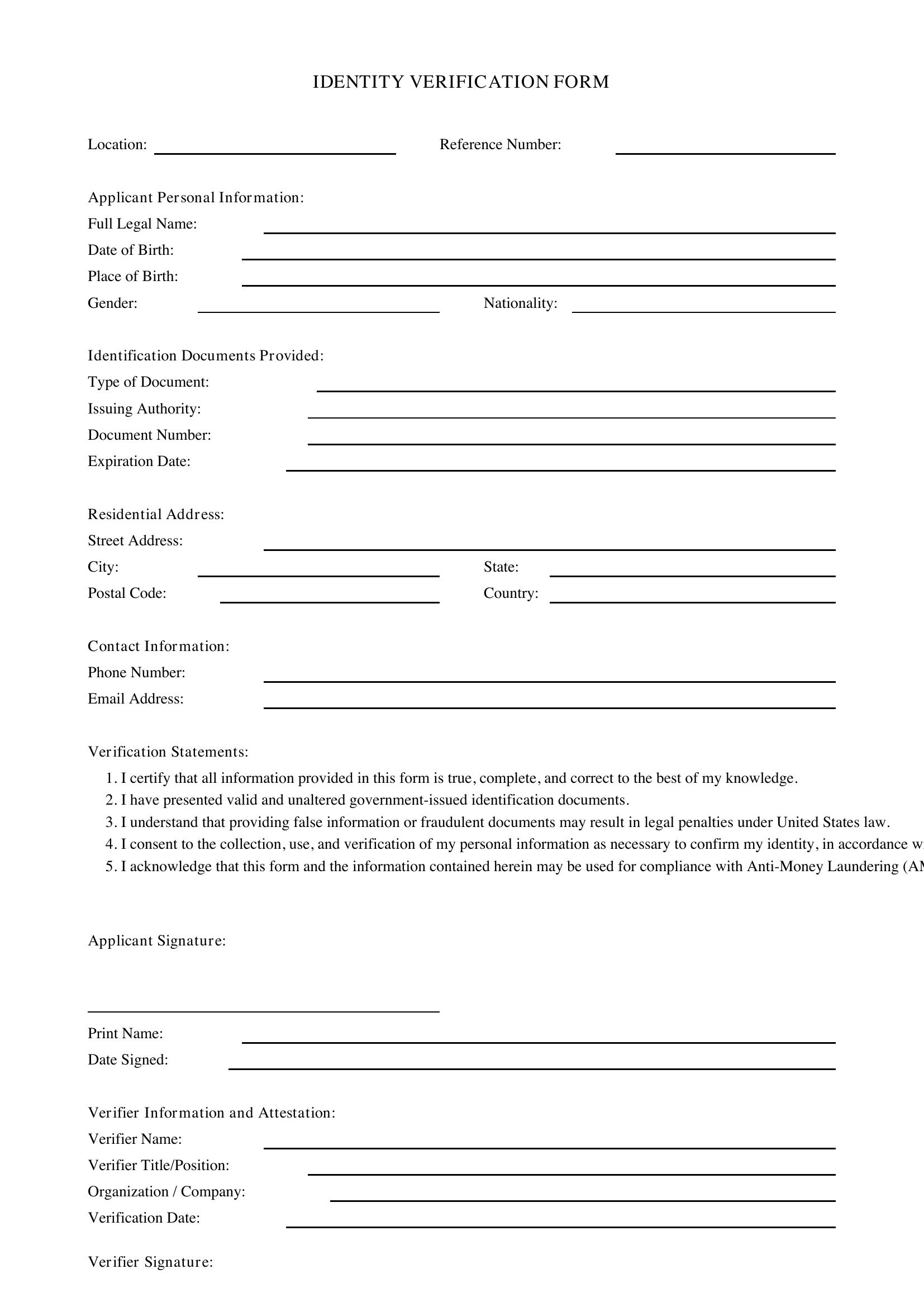 Identity Verification Form Template - US