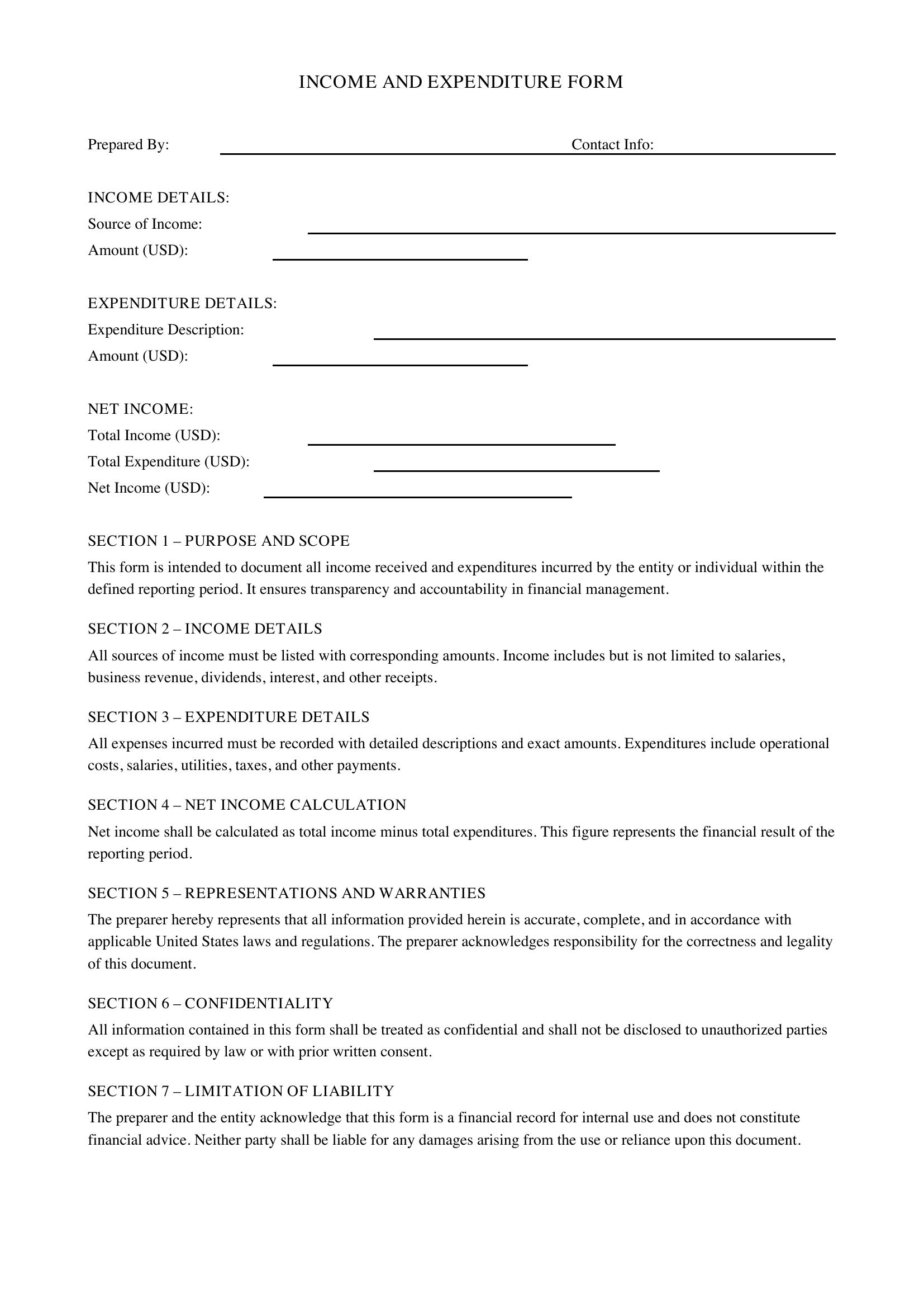 Income And Expenditure Form Template - US