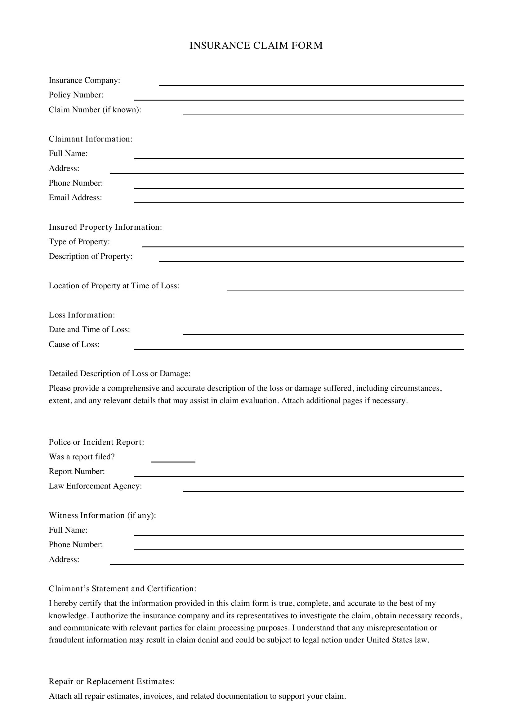 Insurance Claim Form Template - US