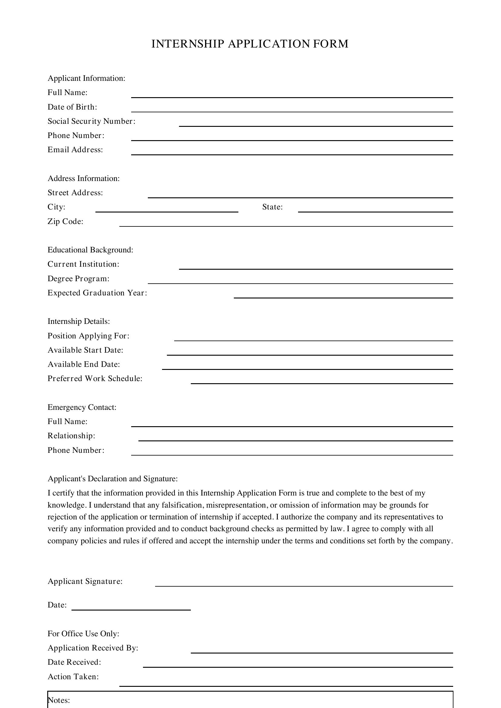 Internship Application Form Template - US