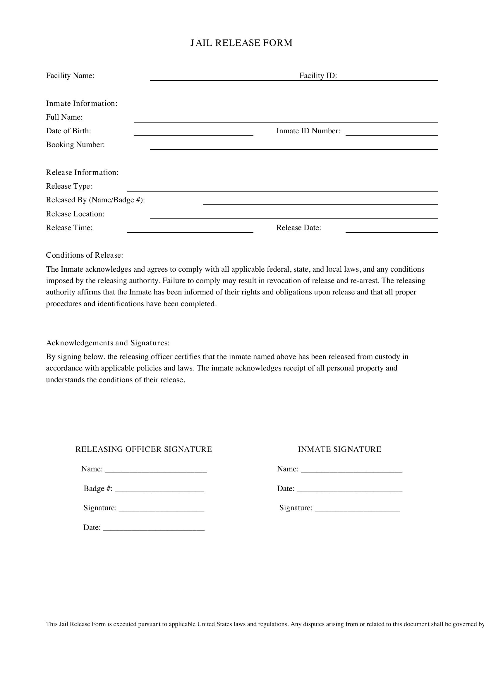 Jail Release Form Template - US
