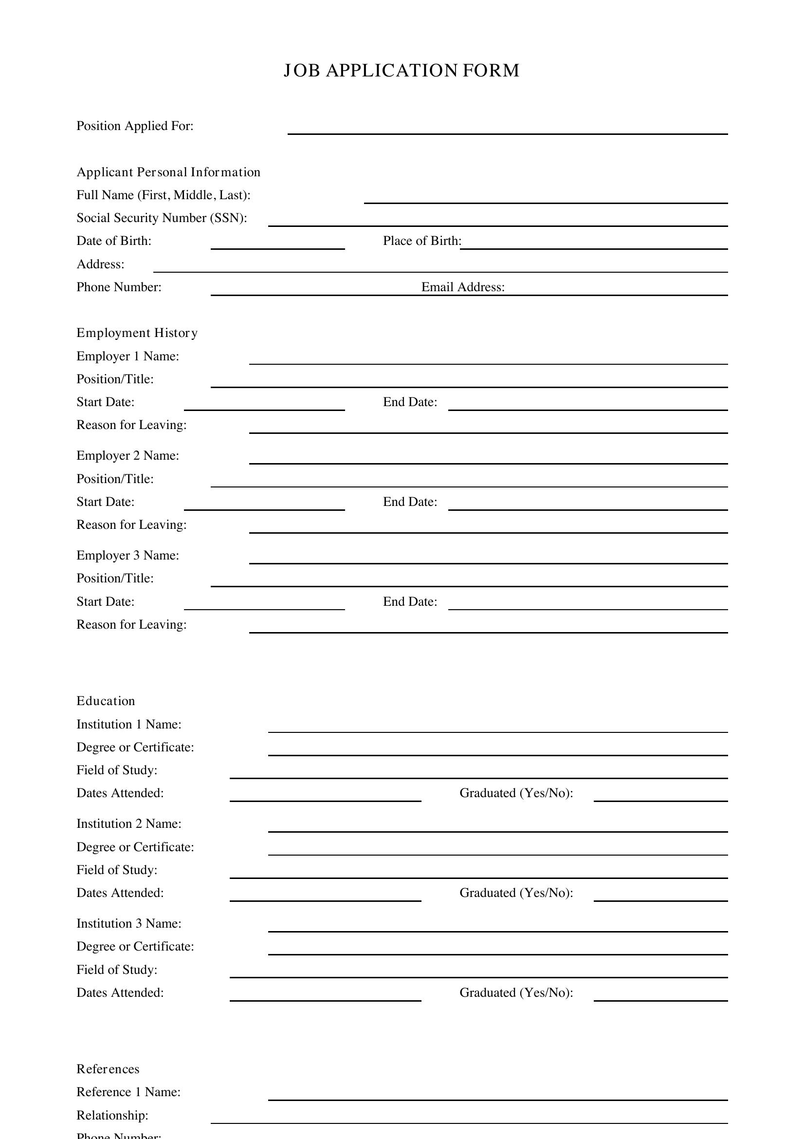 Job Application Form Template - US