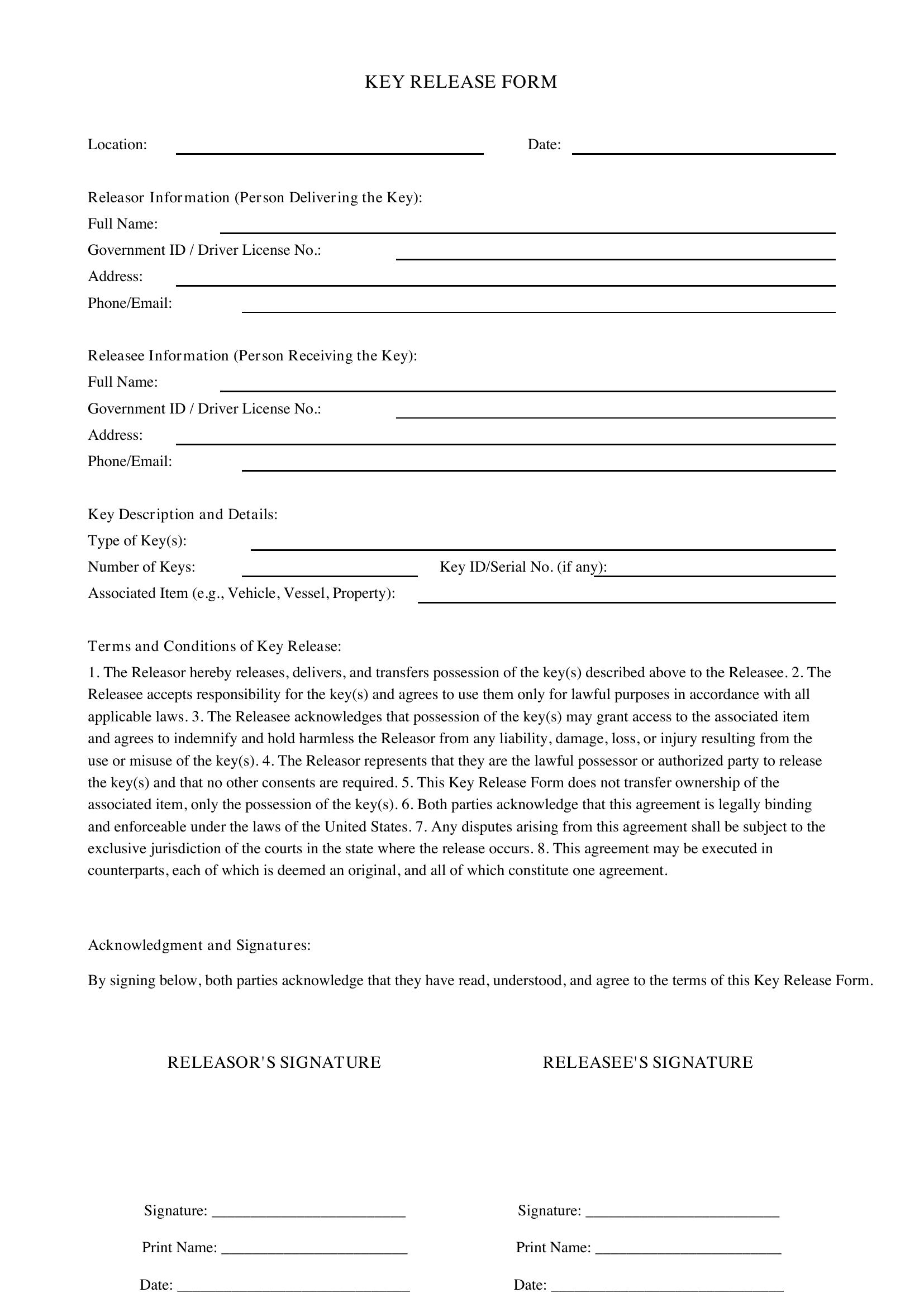 Key Release Form Template - US