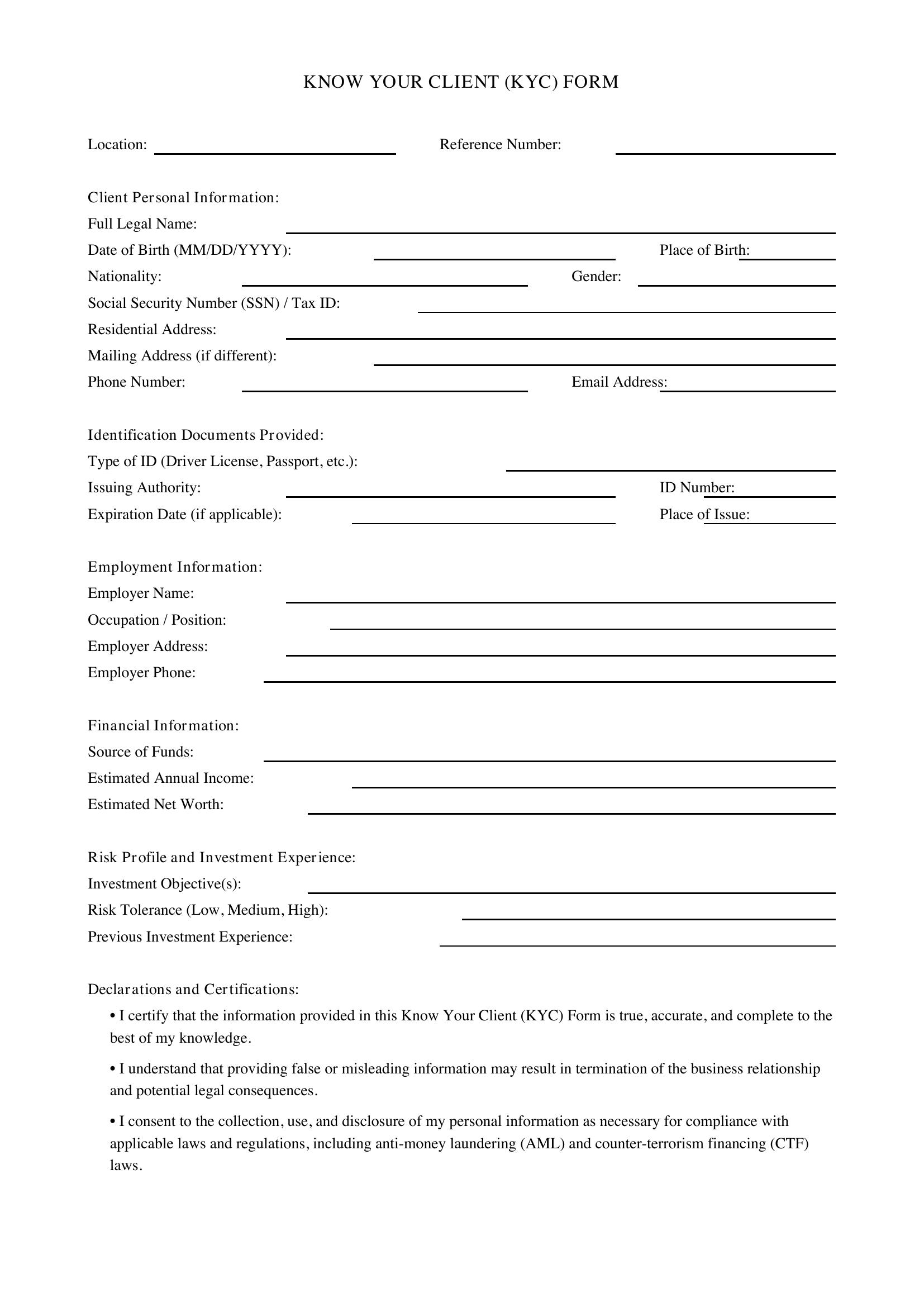 Know Your Client Form Template - US