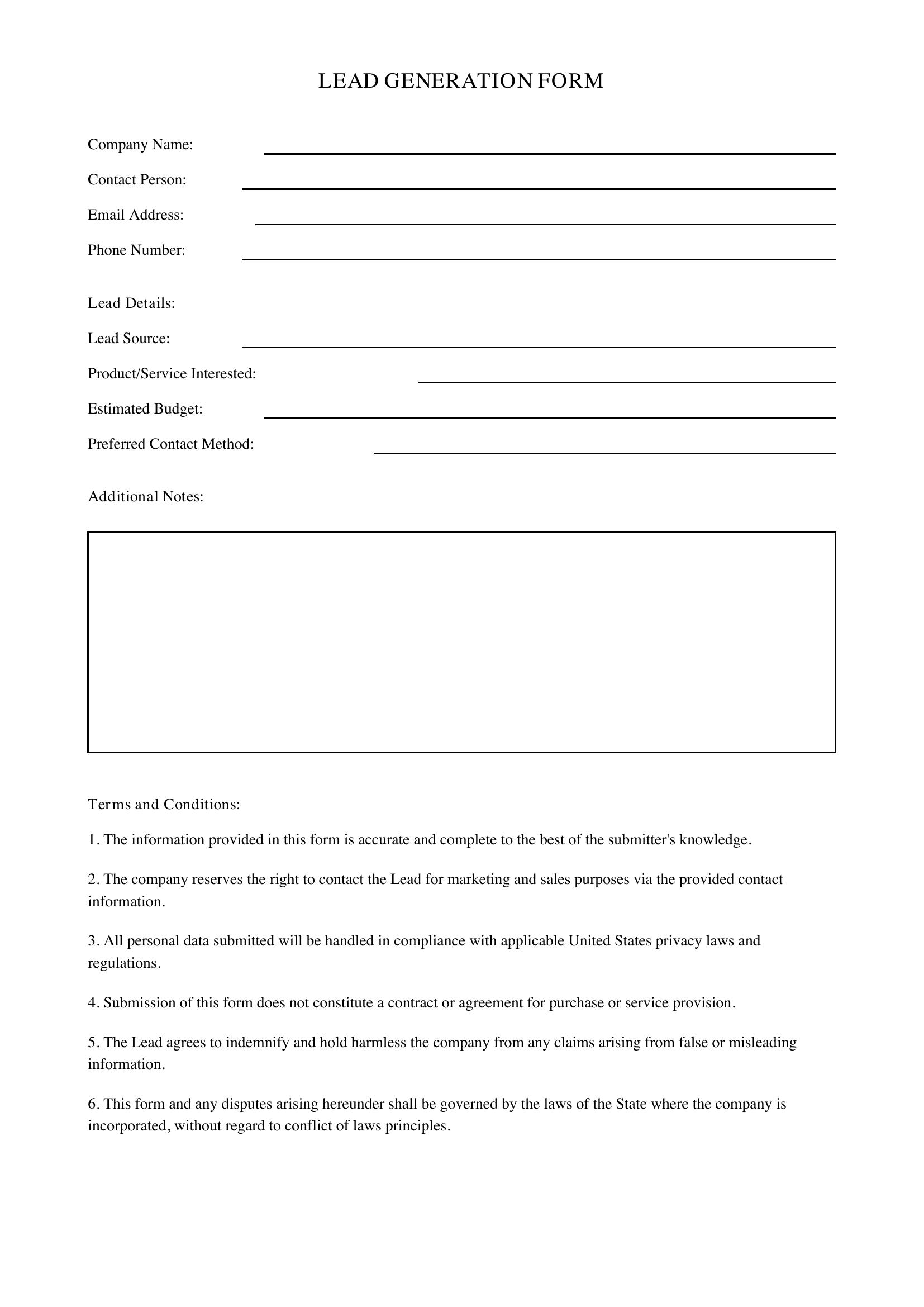 Lead Generation Form Template - US