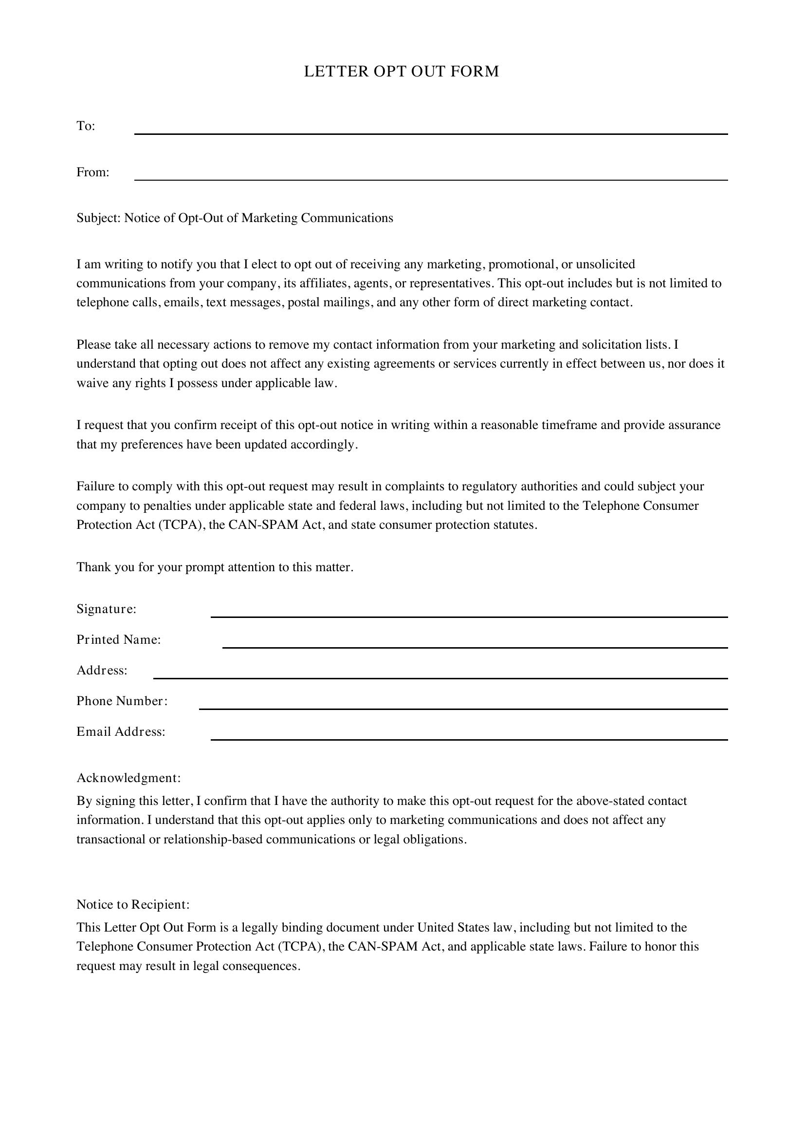 Letter Opt Out Form Template - US