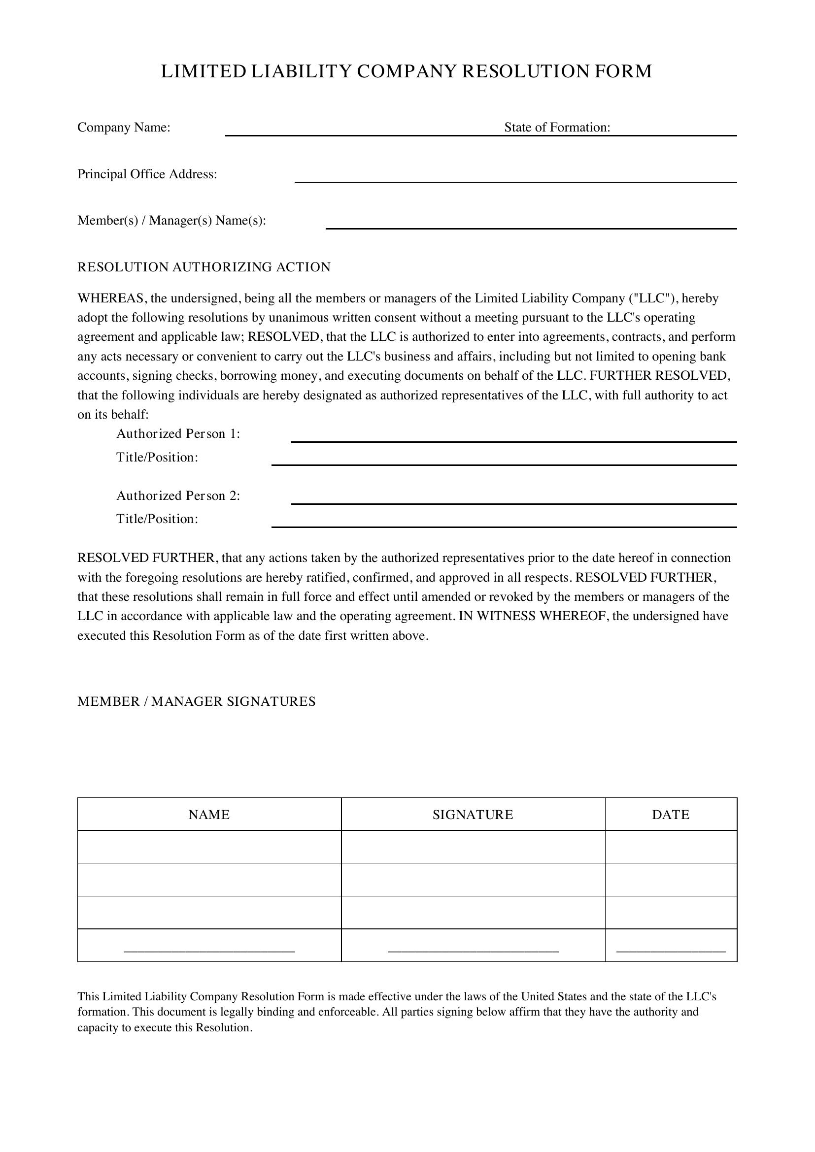 Llc Resolution Form Template - US
