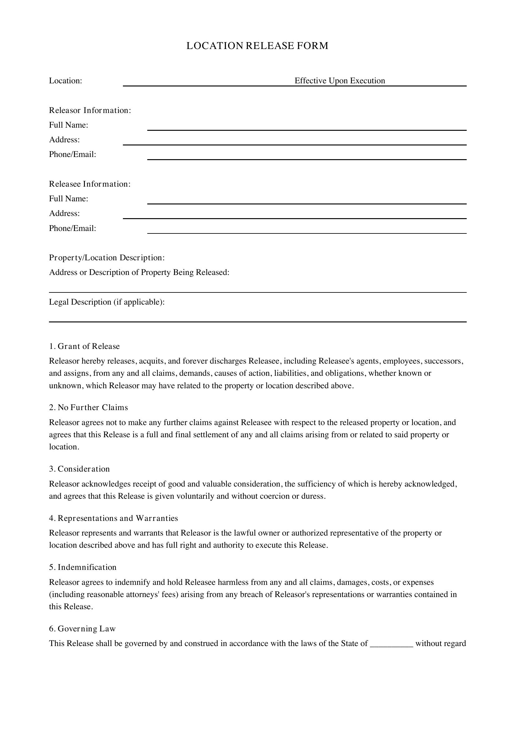 Location Release Form Template - US