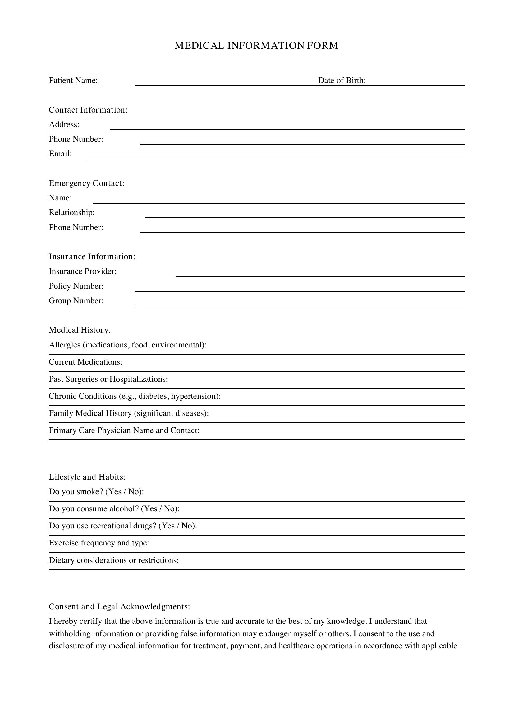 Medical Information Form Template - US