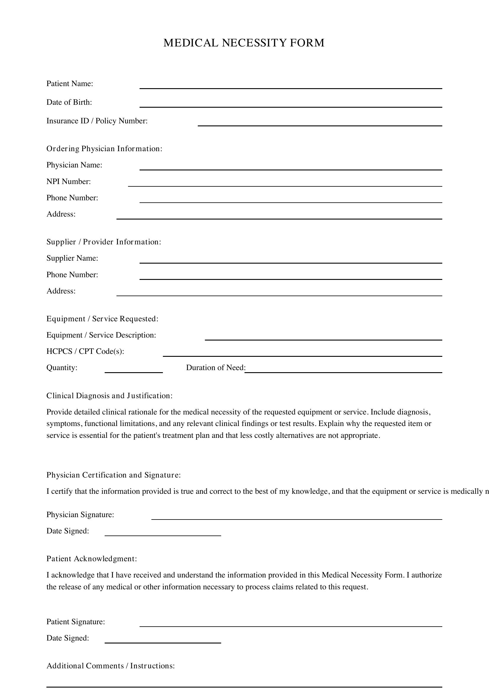 Medical Necessity Form Template - US