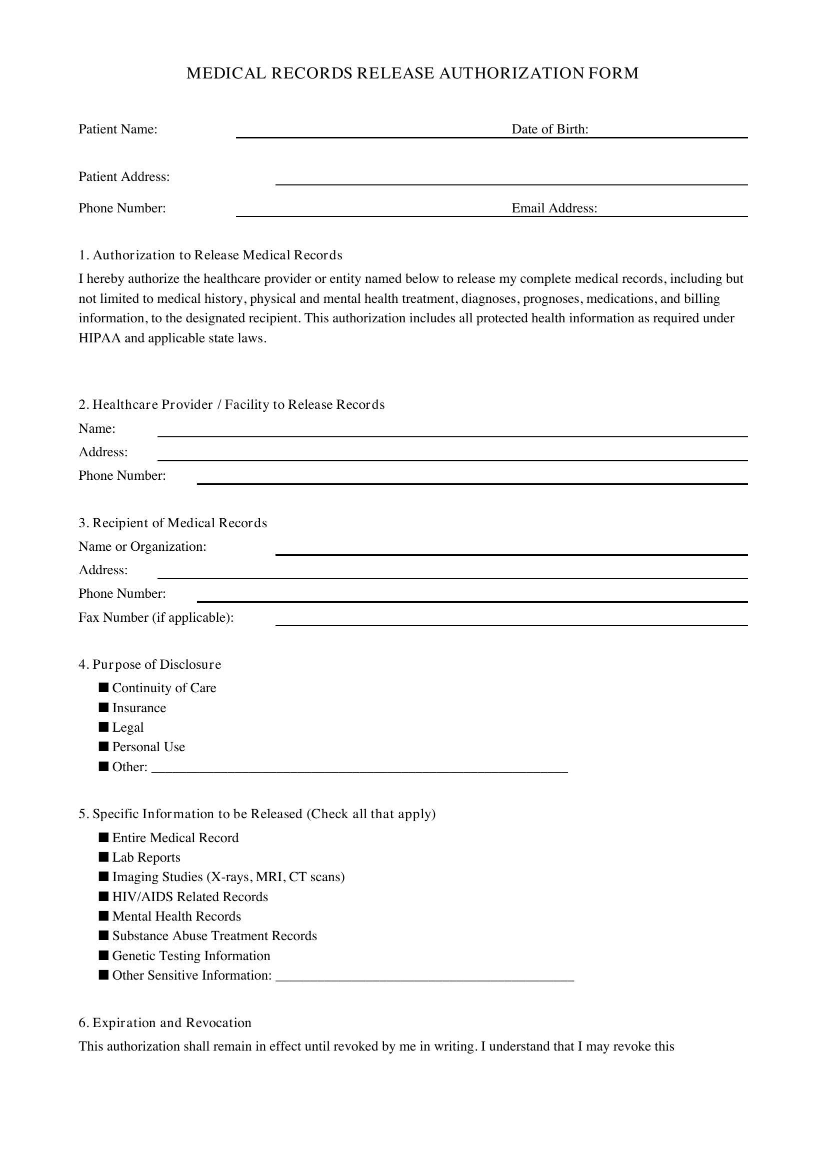 Medical Records Release Form Template - US