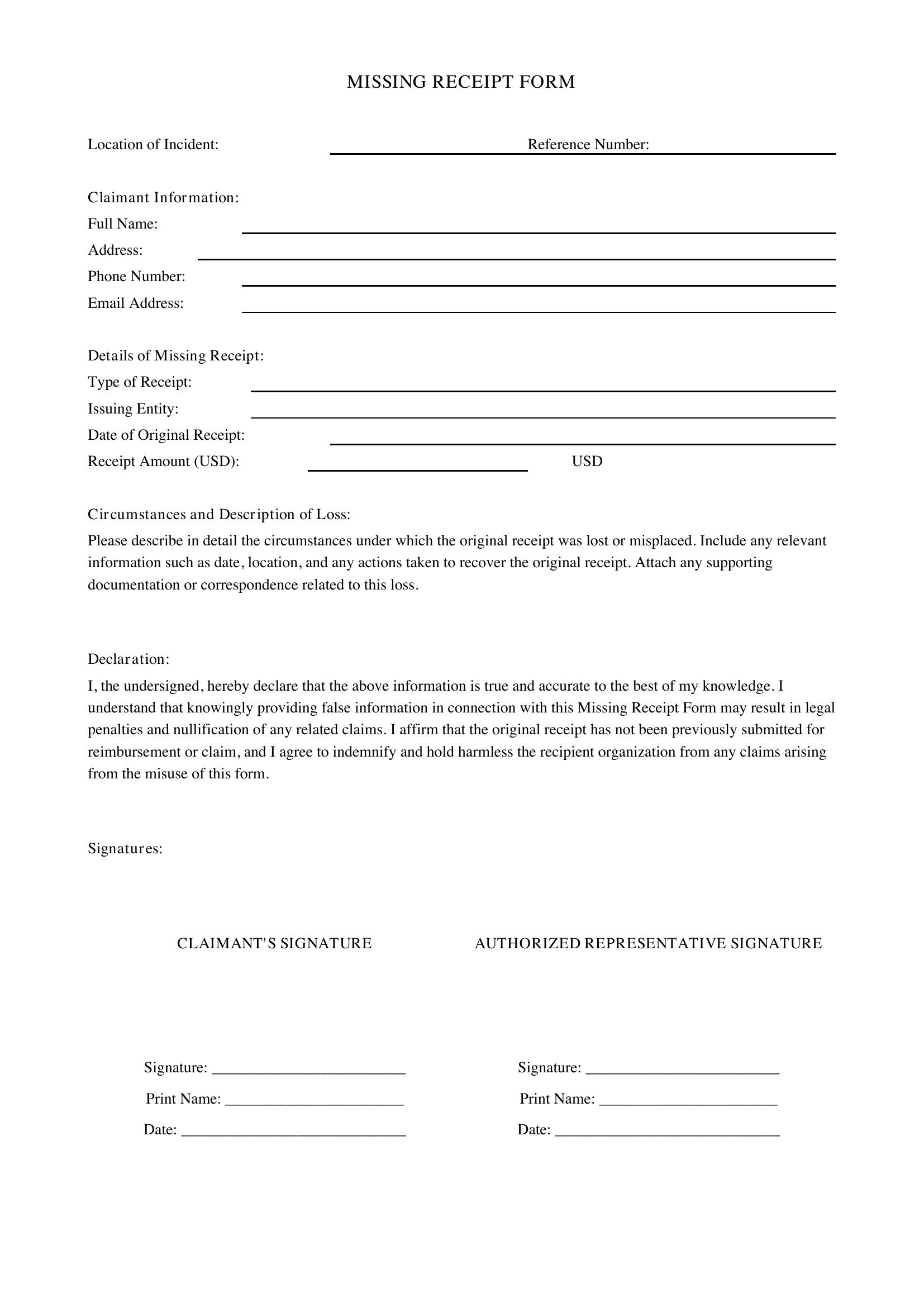 Missing Receipt Form Template - US