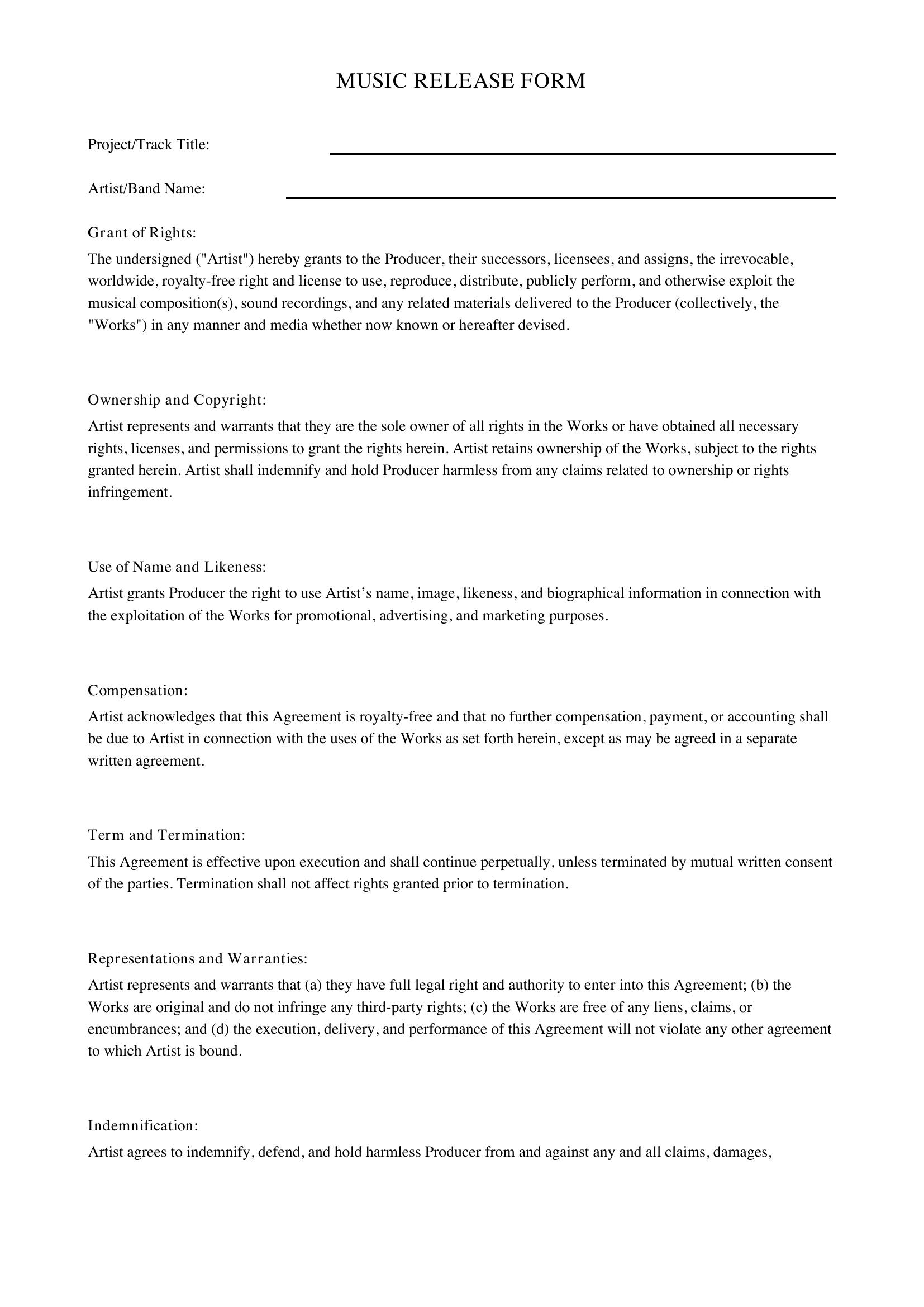 Music Release Form Template - US