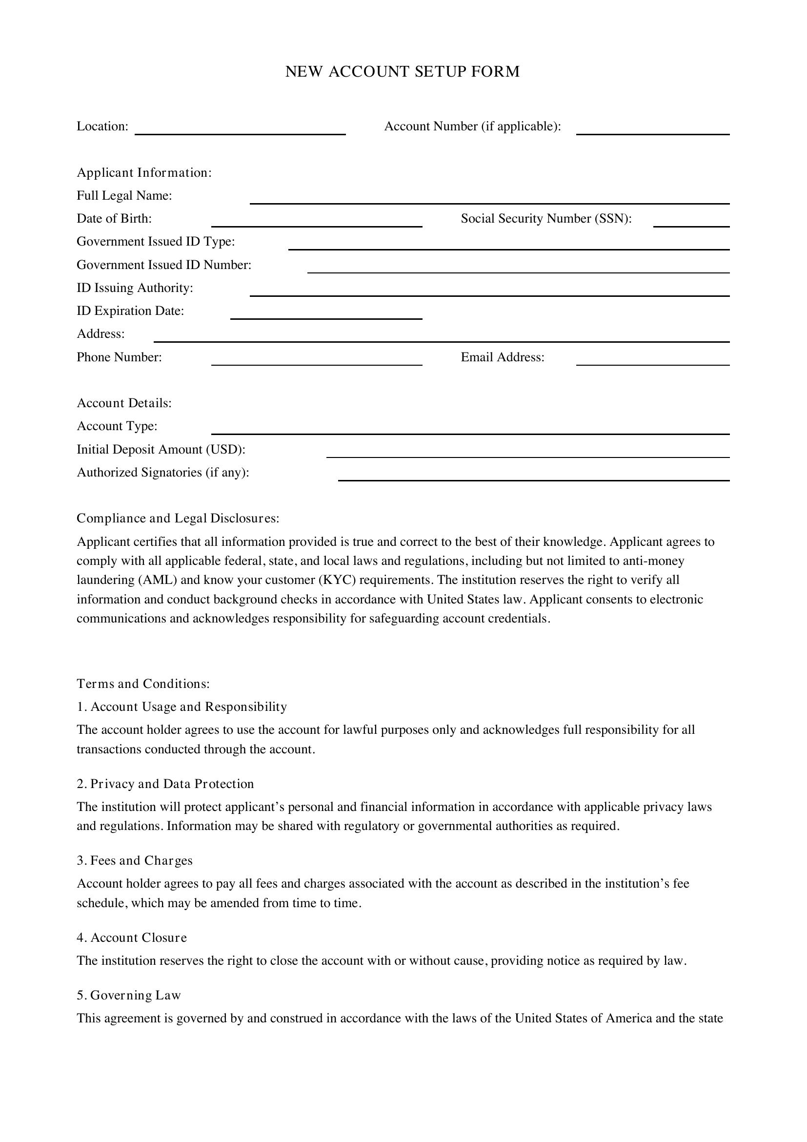 New Account Setup Form Template - US