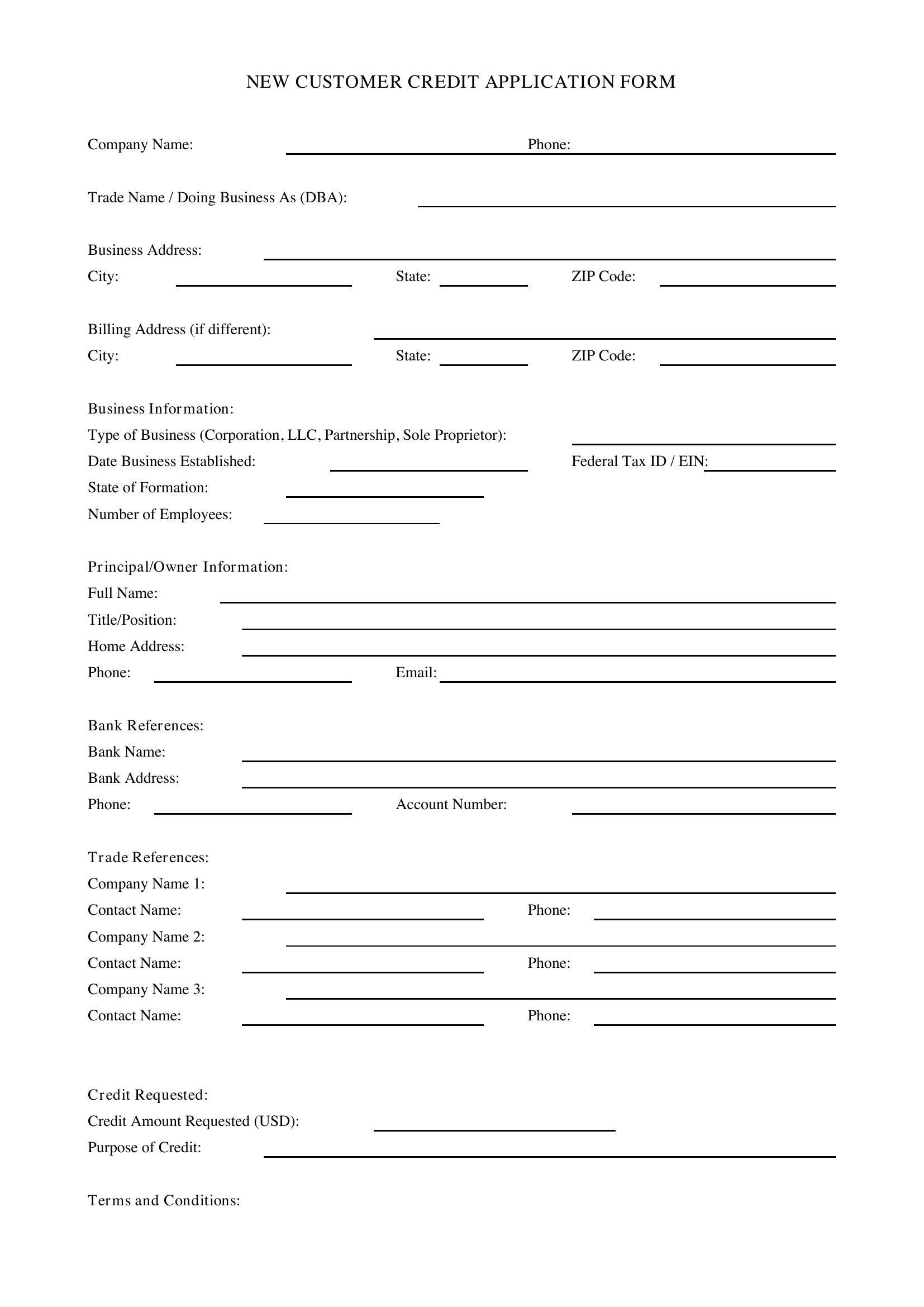 New Customer Credit Application Form Template - US