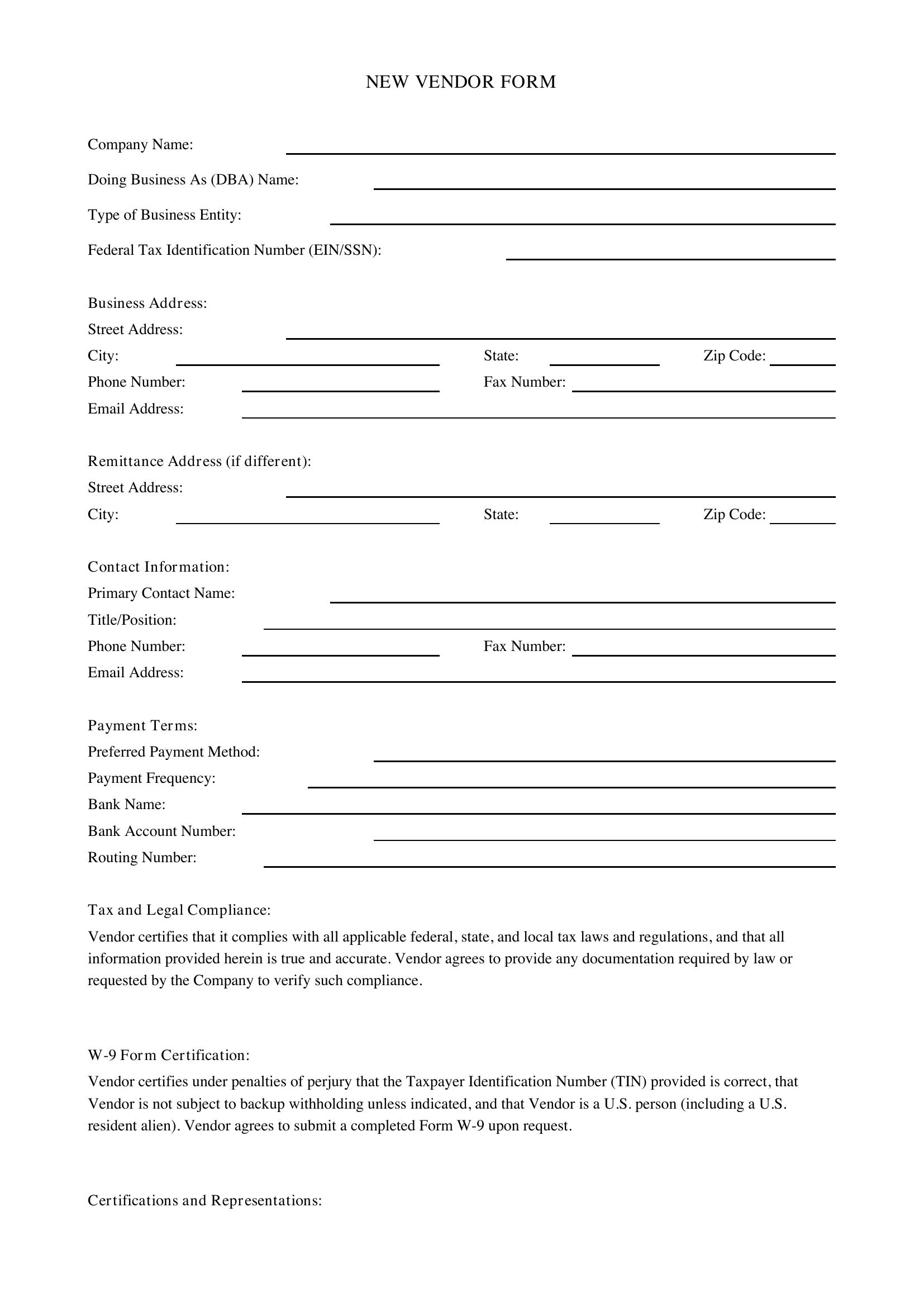 New Vendor Form Template - US