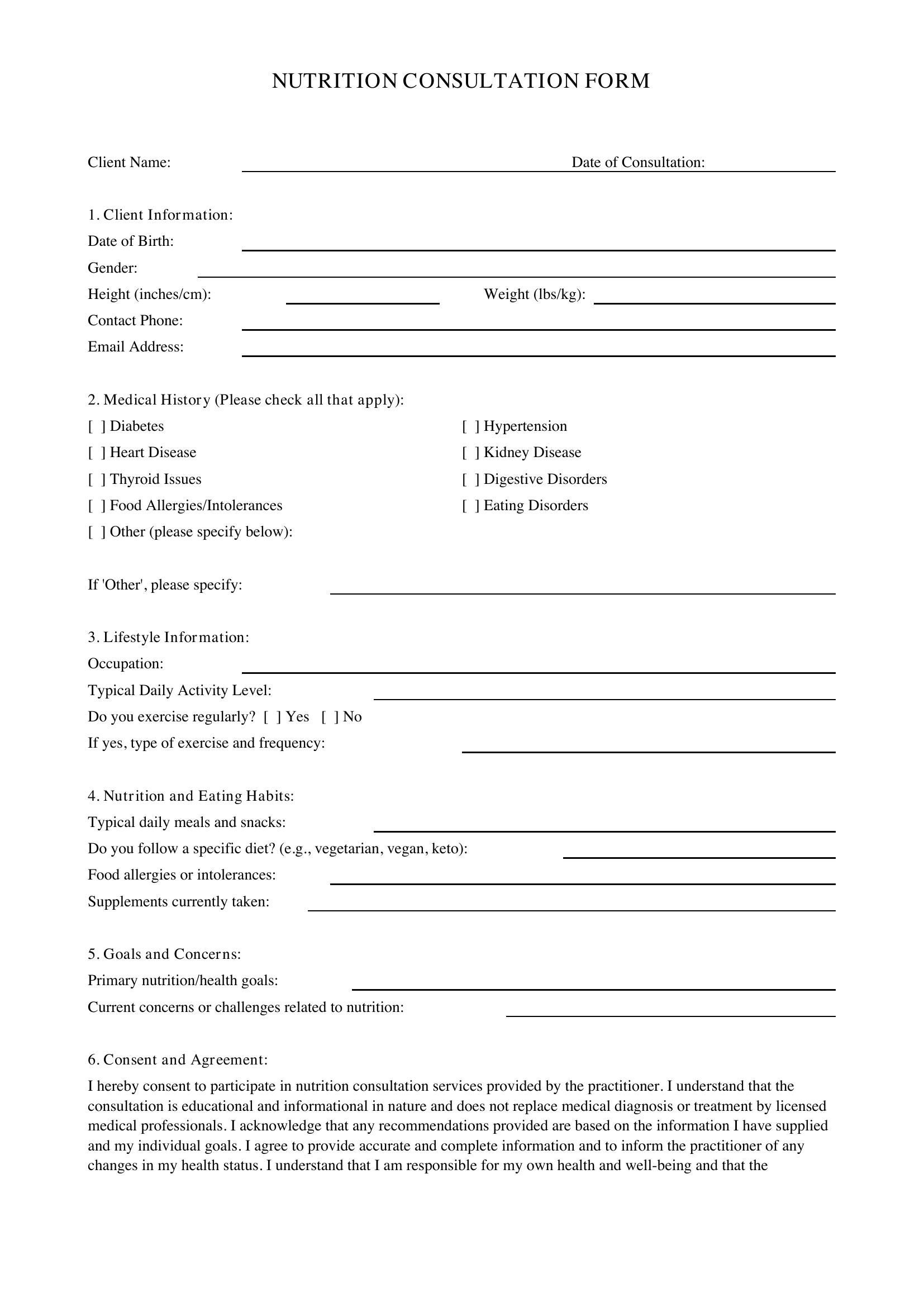 Nutrition Consultation Form Template - US