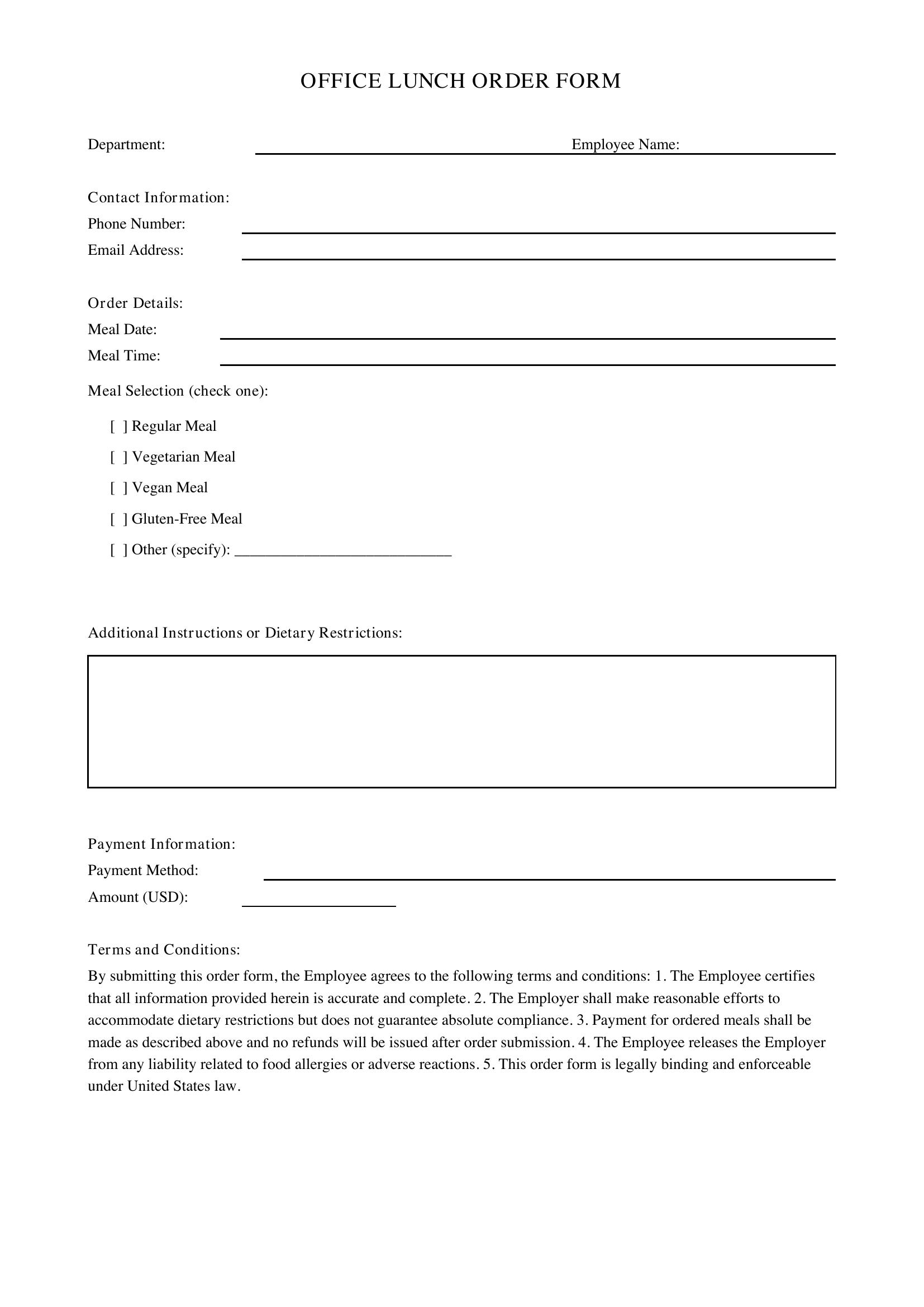 Office Lunch Order Form Template - US