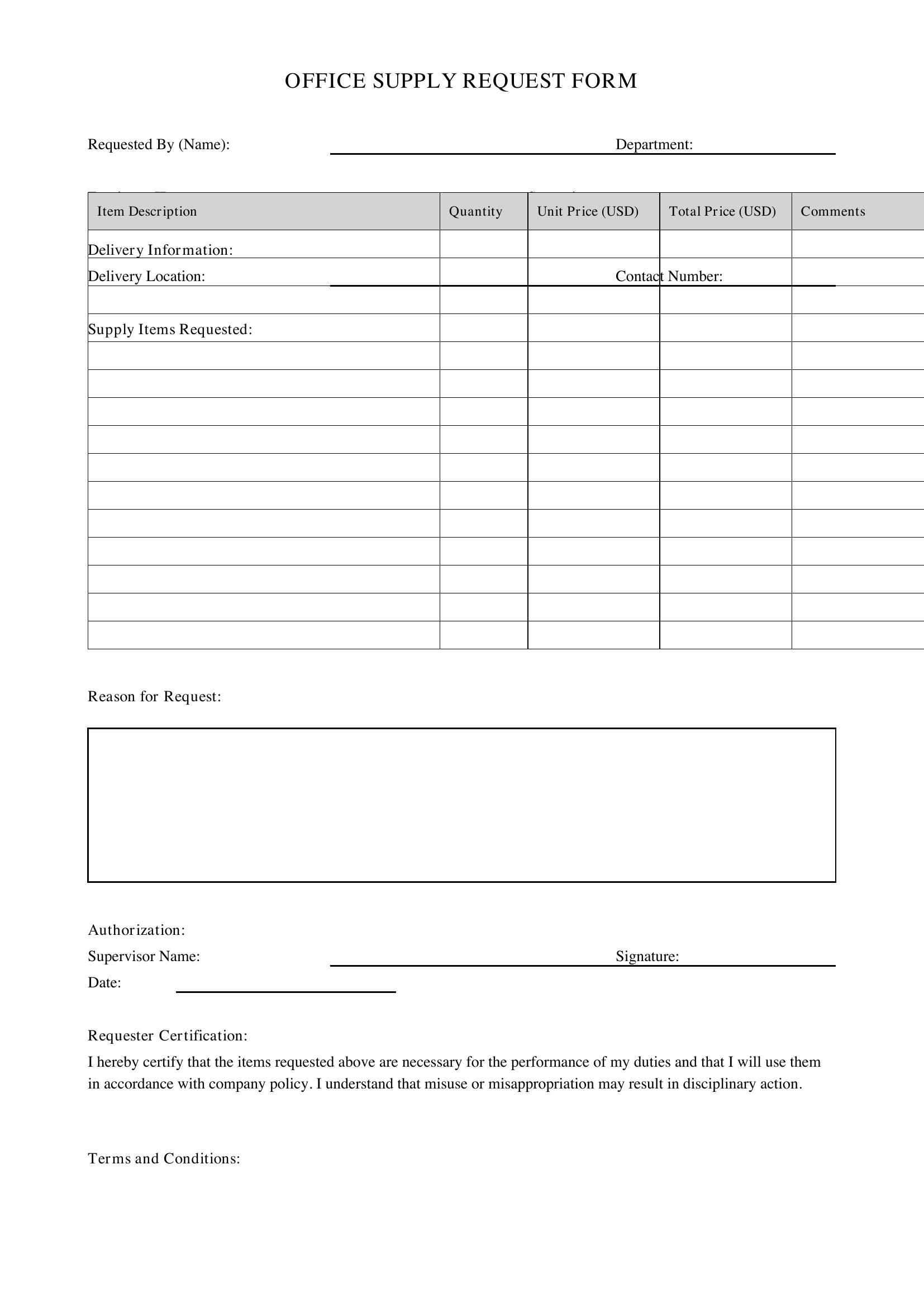 Office Supply Request Form Template - US