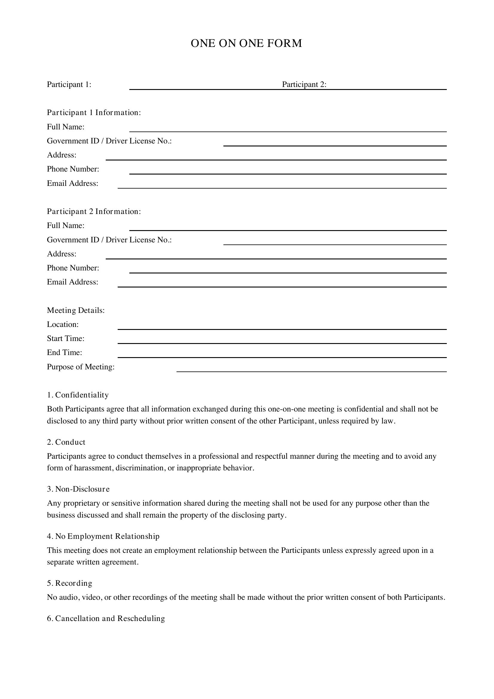 One On One Form Template - US