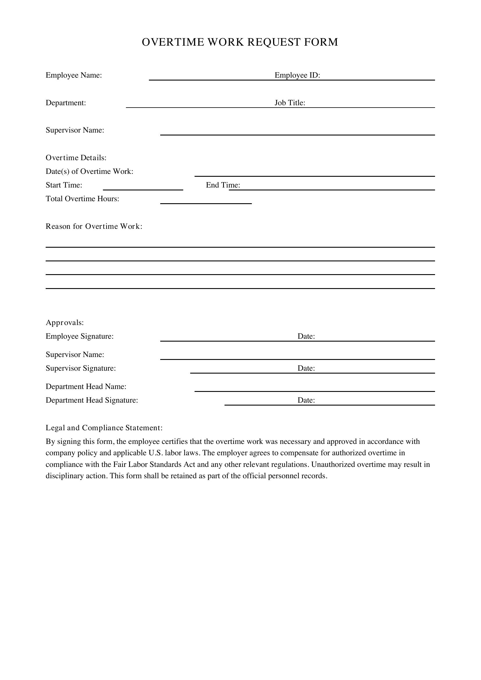 Overtime Request Form Template - US