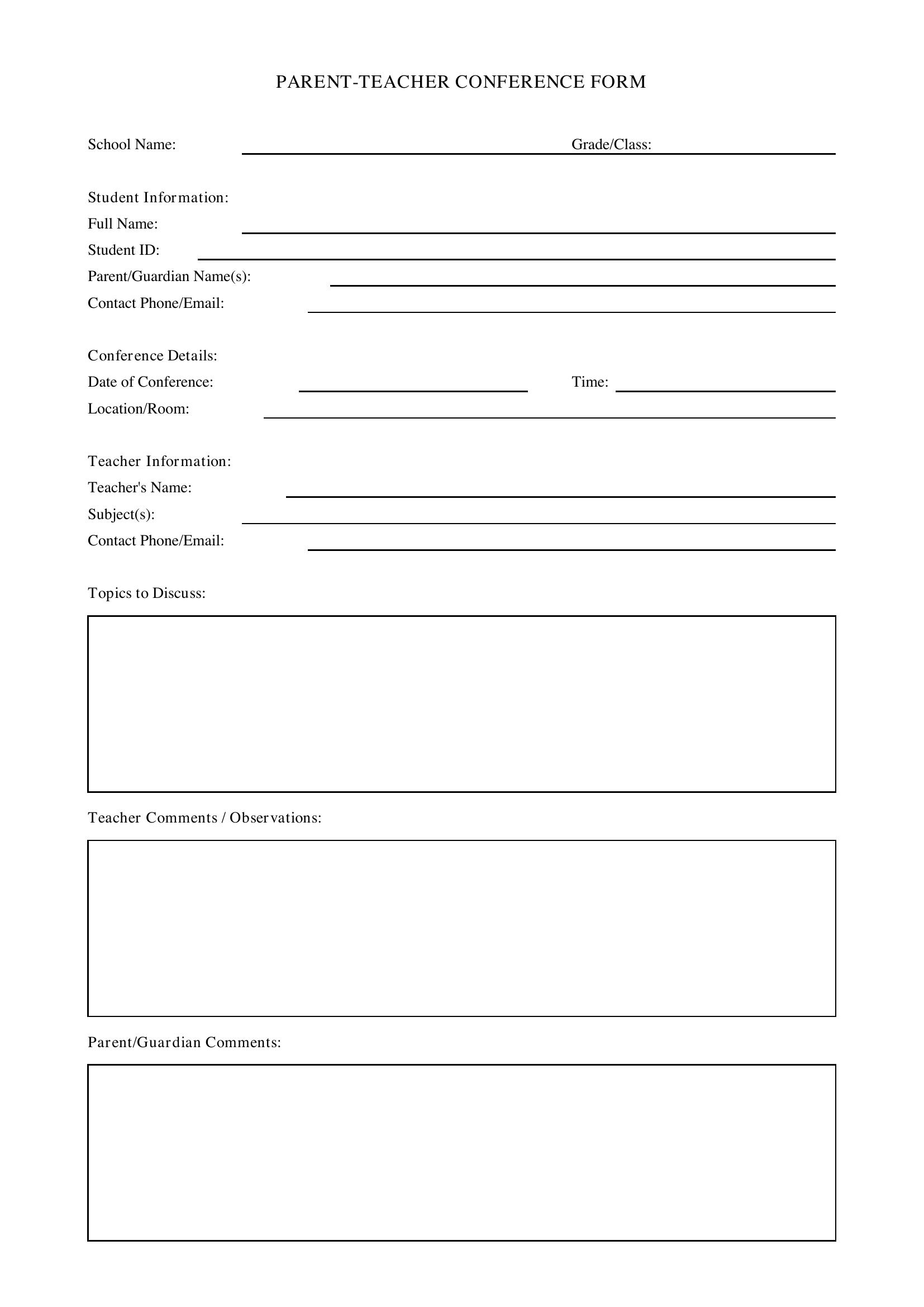 Parent Teacher Conference Form Template - US