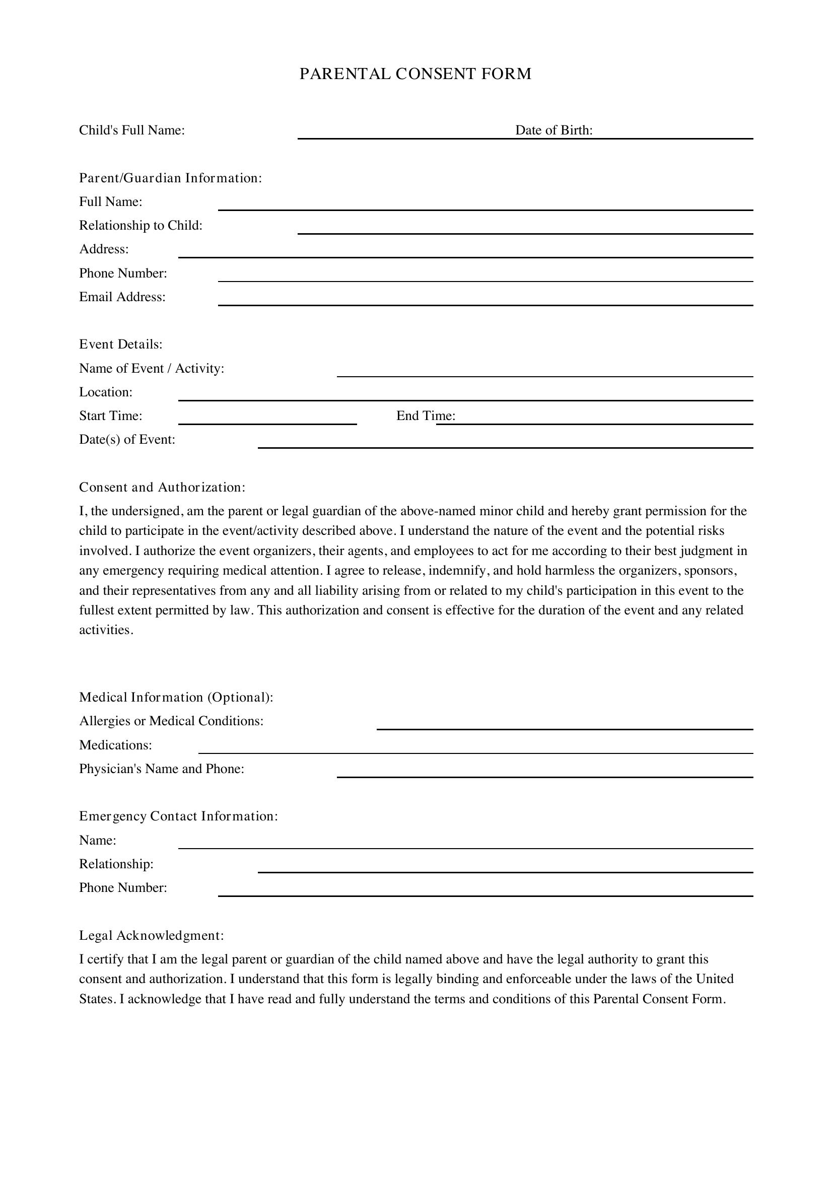 Parental Consent Form Template - US