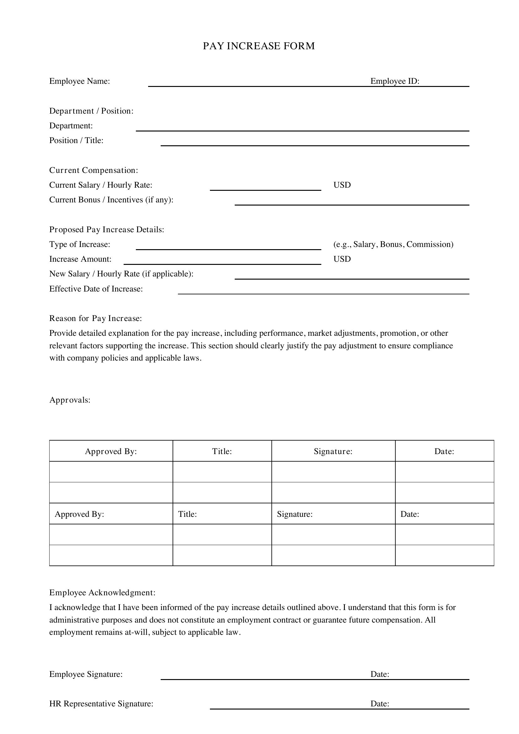 Pay Increase Form Template - US