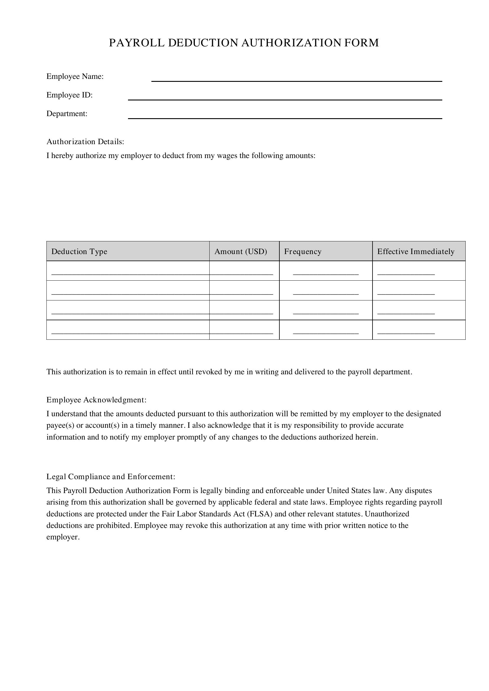 Payroll Deduction Authorization Form Template - US