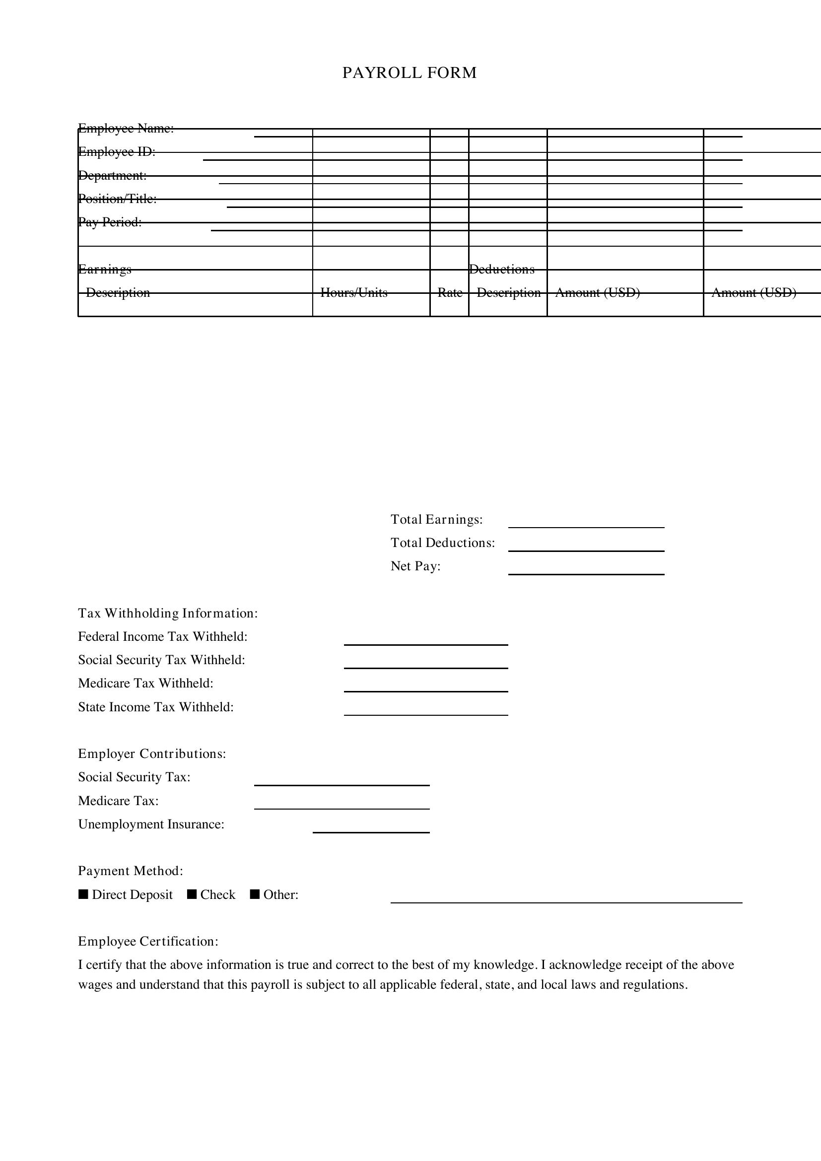 Payroll Form Template - US