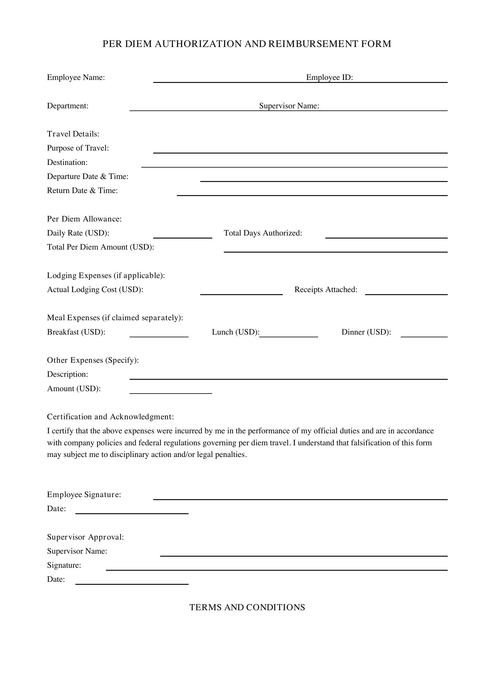 Per Diem Form Template - US