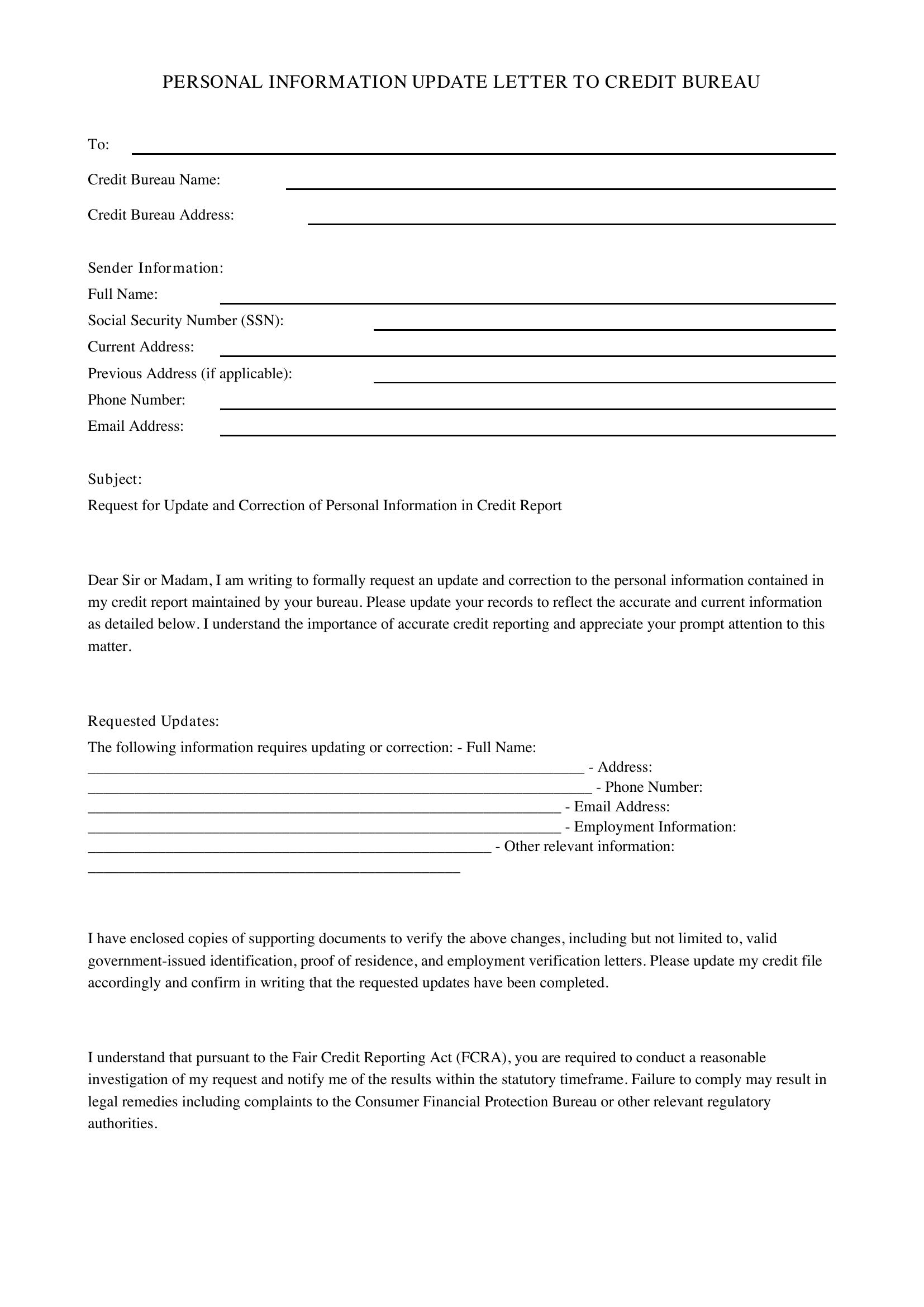 Personal Information Update Letter Credit Bureau Template - US