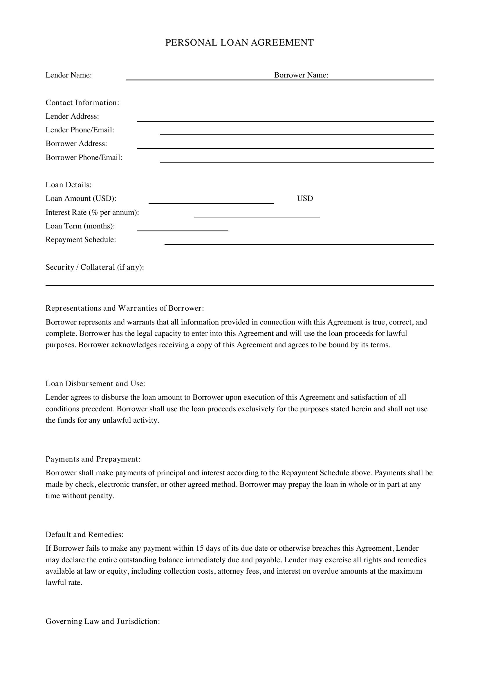 Personal Loan Form Template - US