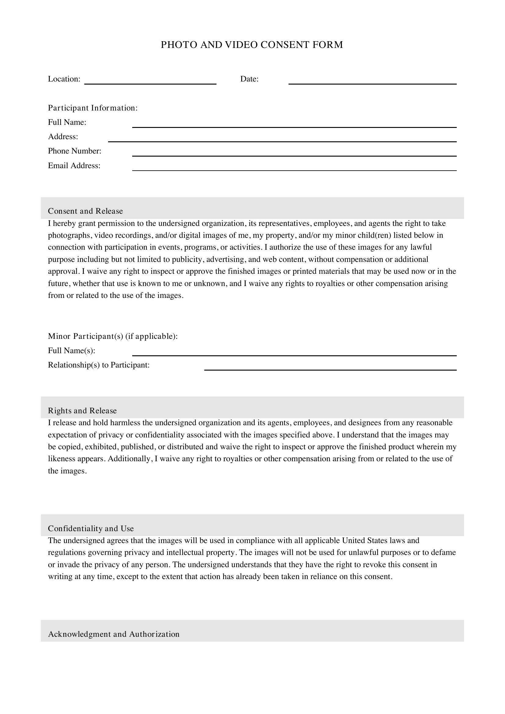 Photo And Video Consent Form Template - US