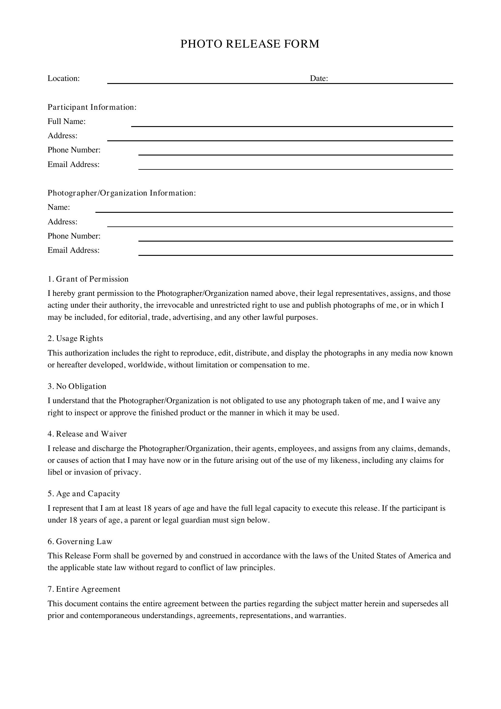 Photo Release Form Microsoft Template - US