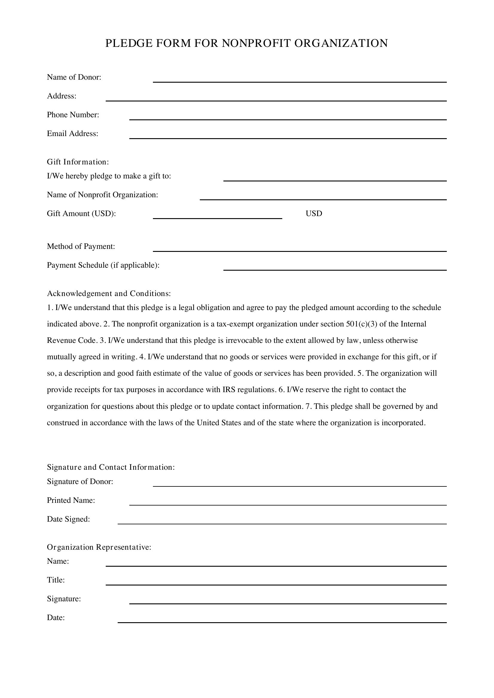 Pledge Form For Nonprofit Template - US
