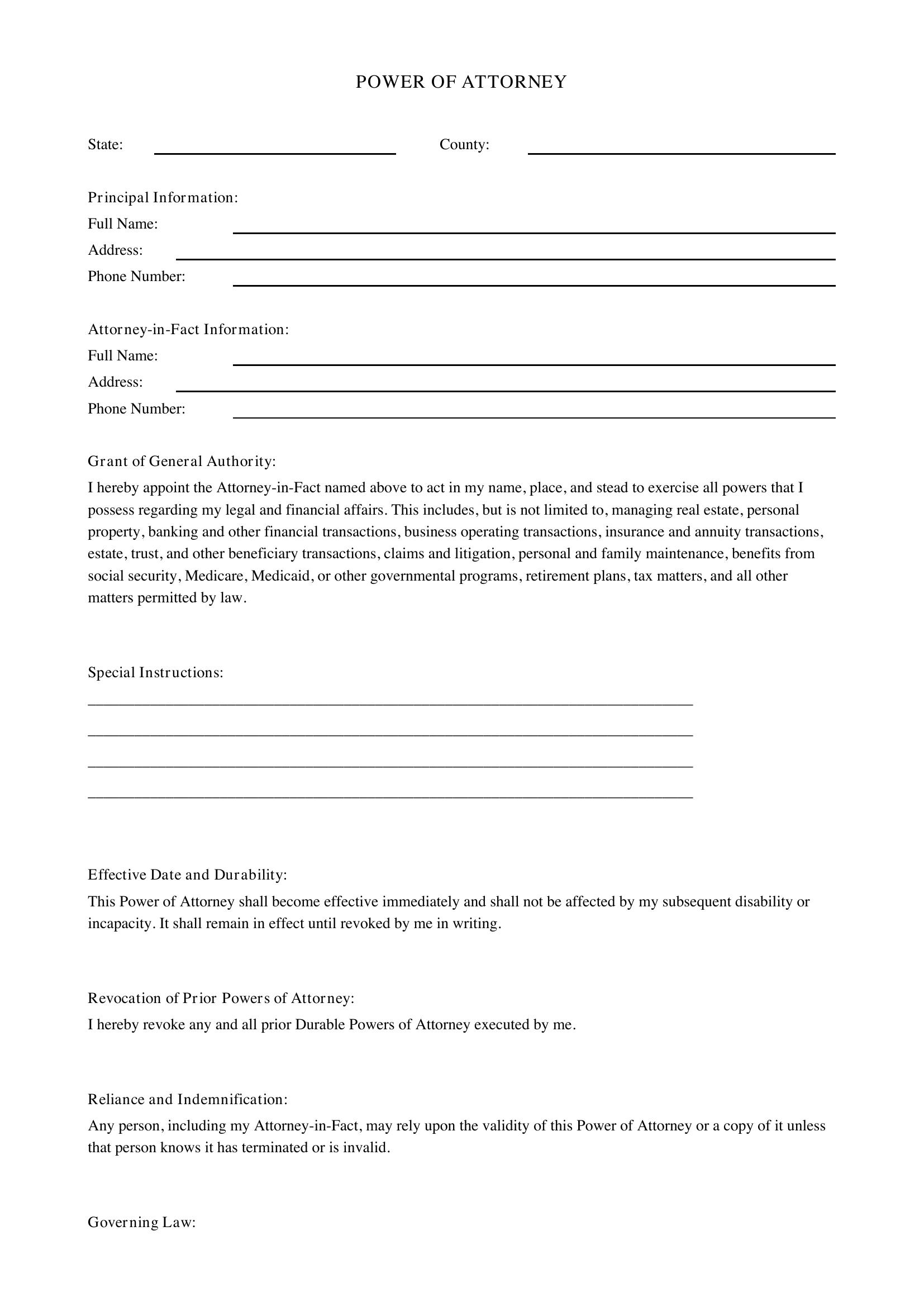 Power Of Attorney Form Template - US