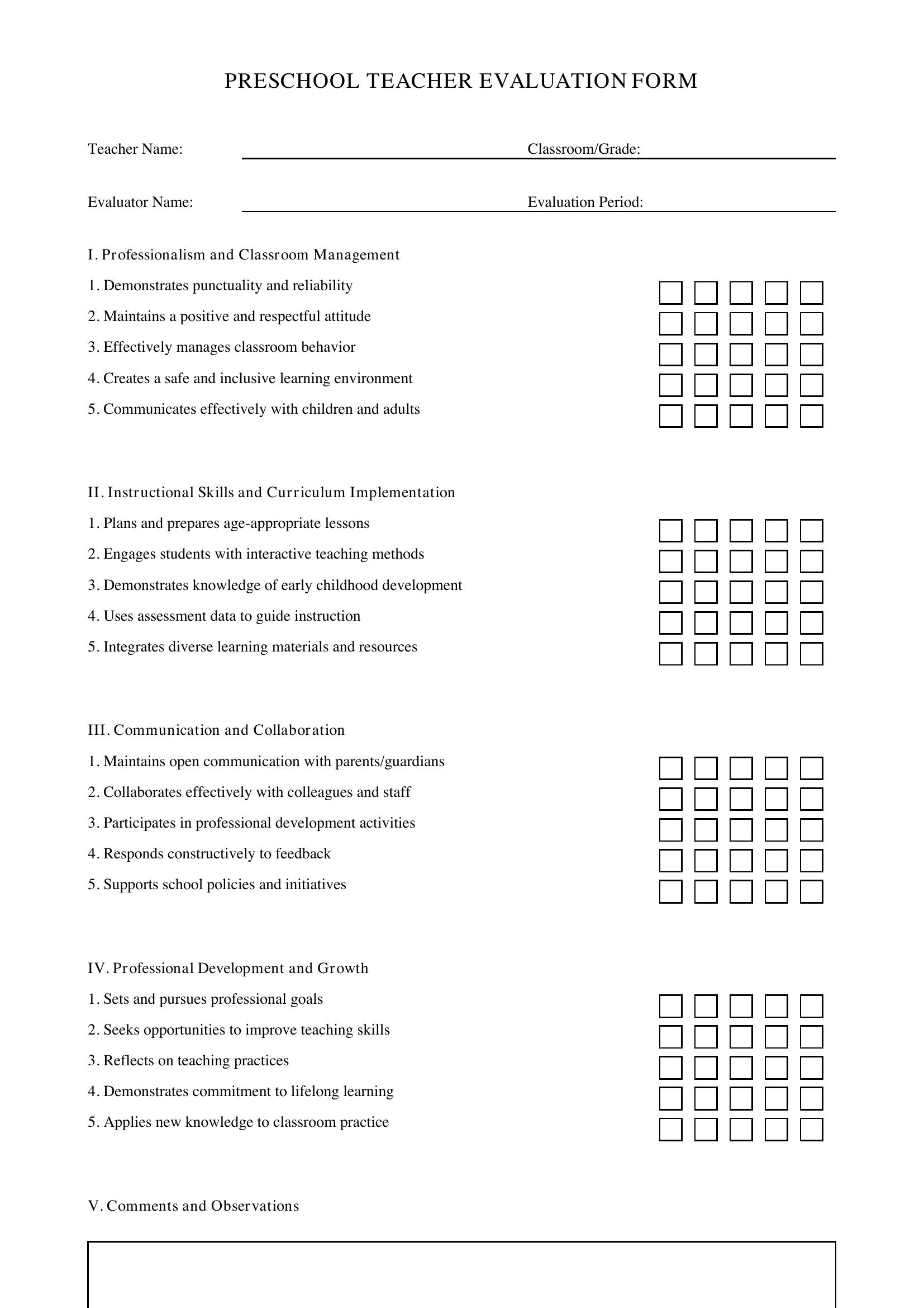 Preschool Teacher Evaluation Form Template - US