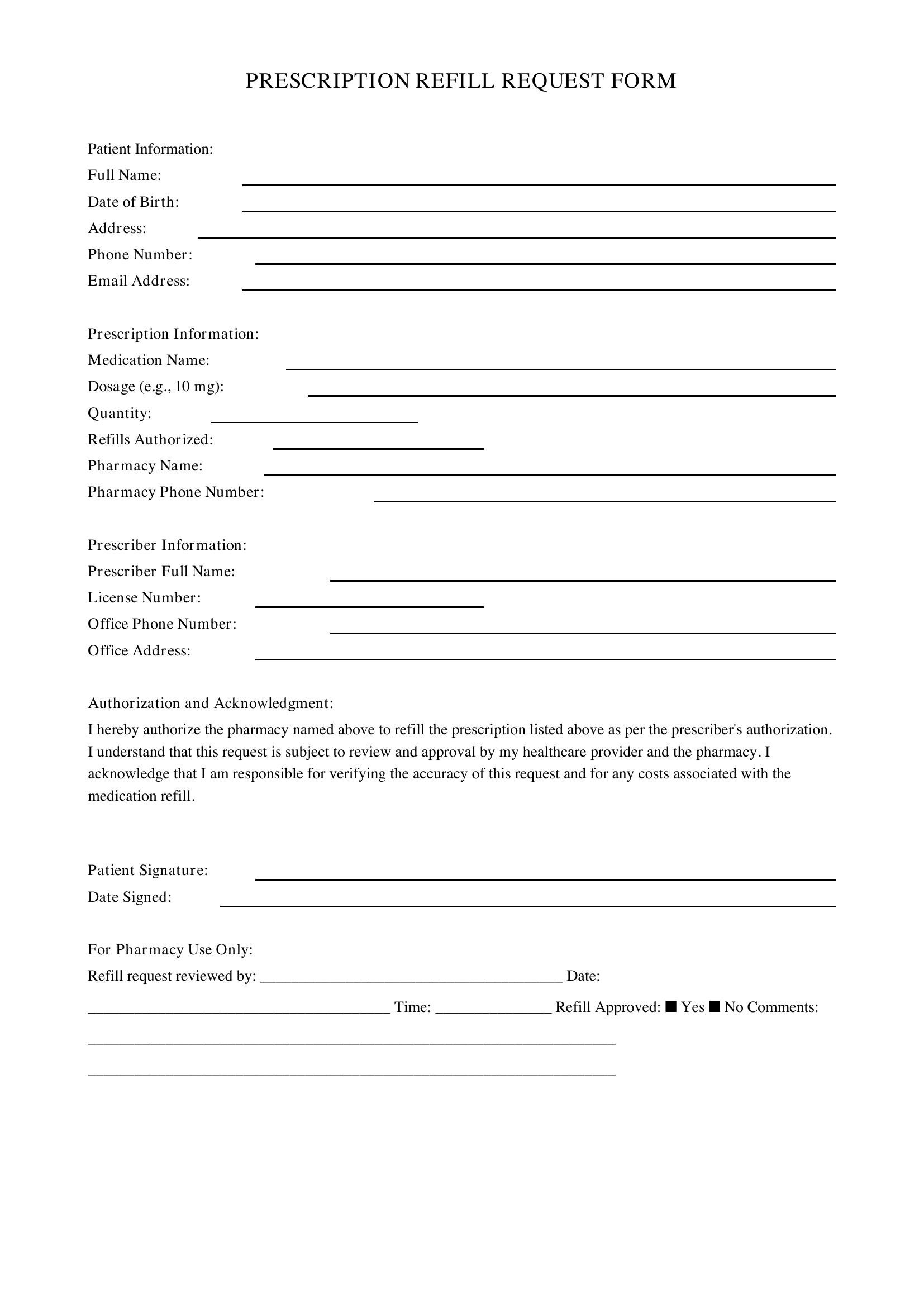 Prescription Refill Request Form Template - US
